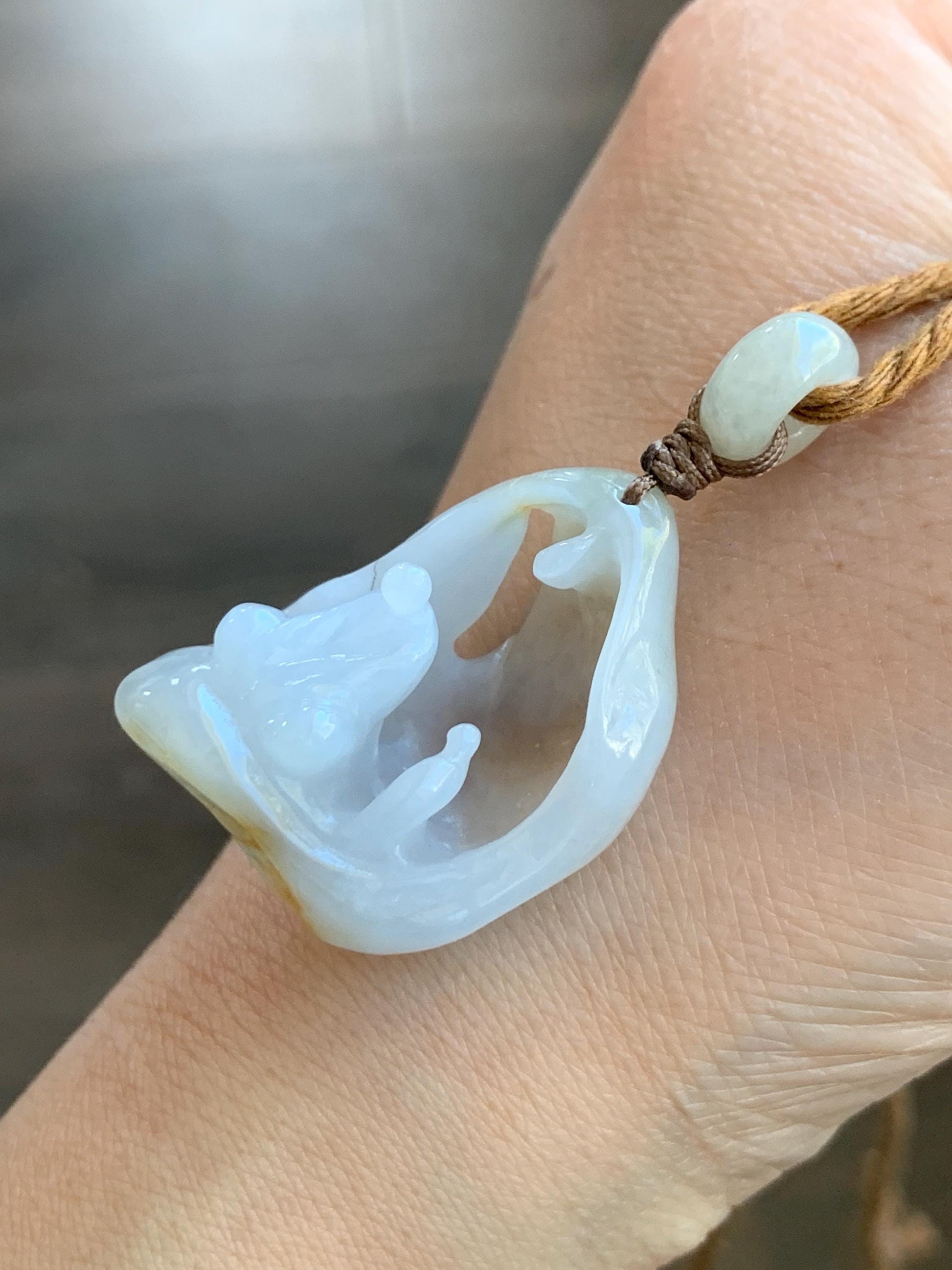 Natural Grade A Icy Translucent Gelatinous White & Dark Yellow Marbled Jadeite Wu Dao Enlightenment Pendant Rope Pendant 24" 天然冰胶飘黄翡翠悟道吊坠挂件