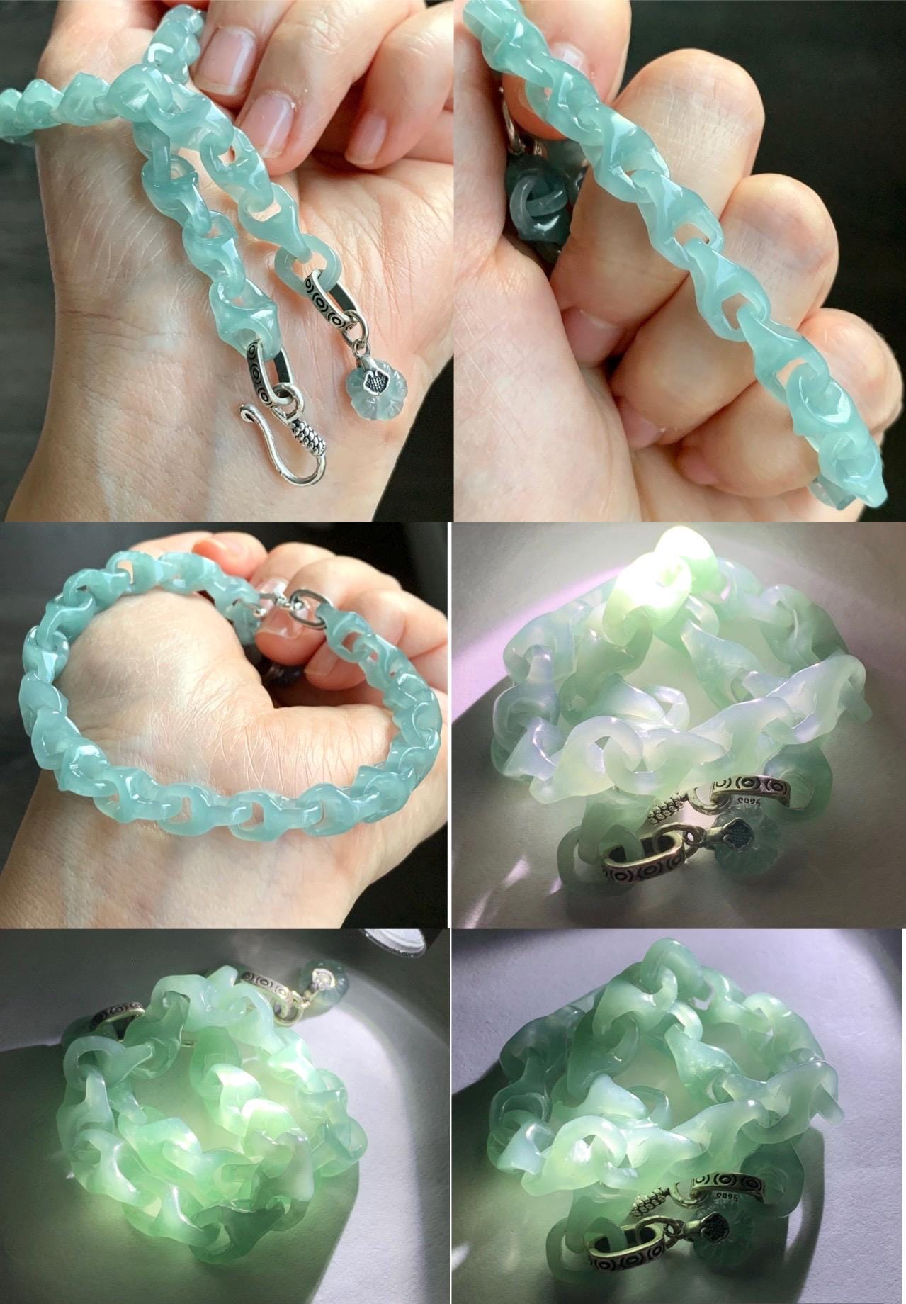 Certified Natural Guatemalan Icy Premium Teal Jadeite Carved Interlocking Dragon Bone Link Bracelet Sterling Silver 20g 天然冰胶危蓝绿翡翠龙骨链手链 1695