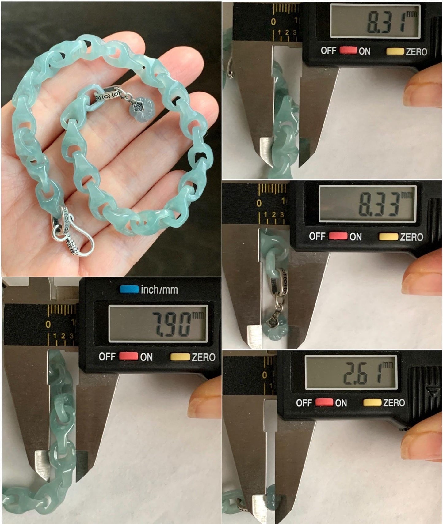 Certified Natural Guatemalan Icy Premium Teal Jadeite Carved Interlocking Dragon Bone Link Bracelet Sterling Silver 20g 天然冰胶危蓝绿翡翠龙骨链手链 1695