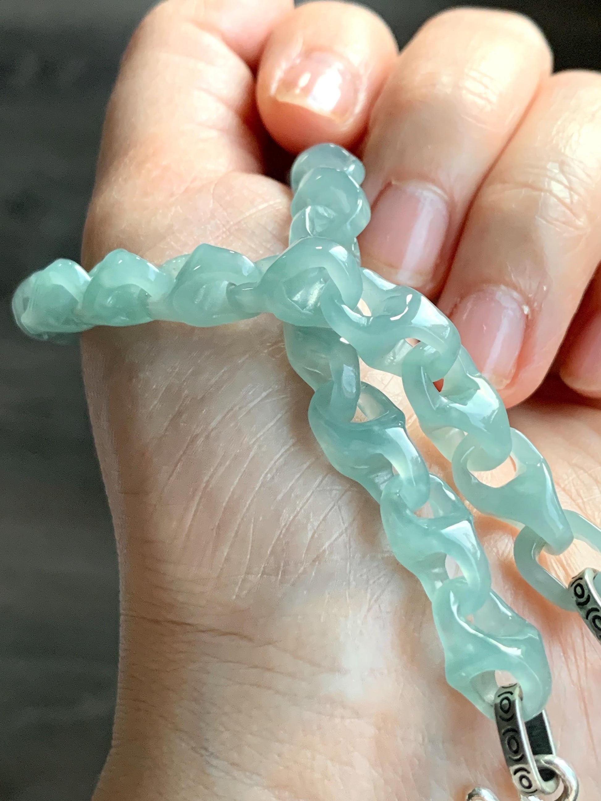 Certified Natural Guatemalan Icy Premium Teal Jadeite Carved Interlocking Dragon Bone Link Bracelet Sterling Silver 20g 天然冰胶危蓝绿翡翠龙骨链手链 1695