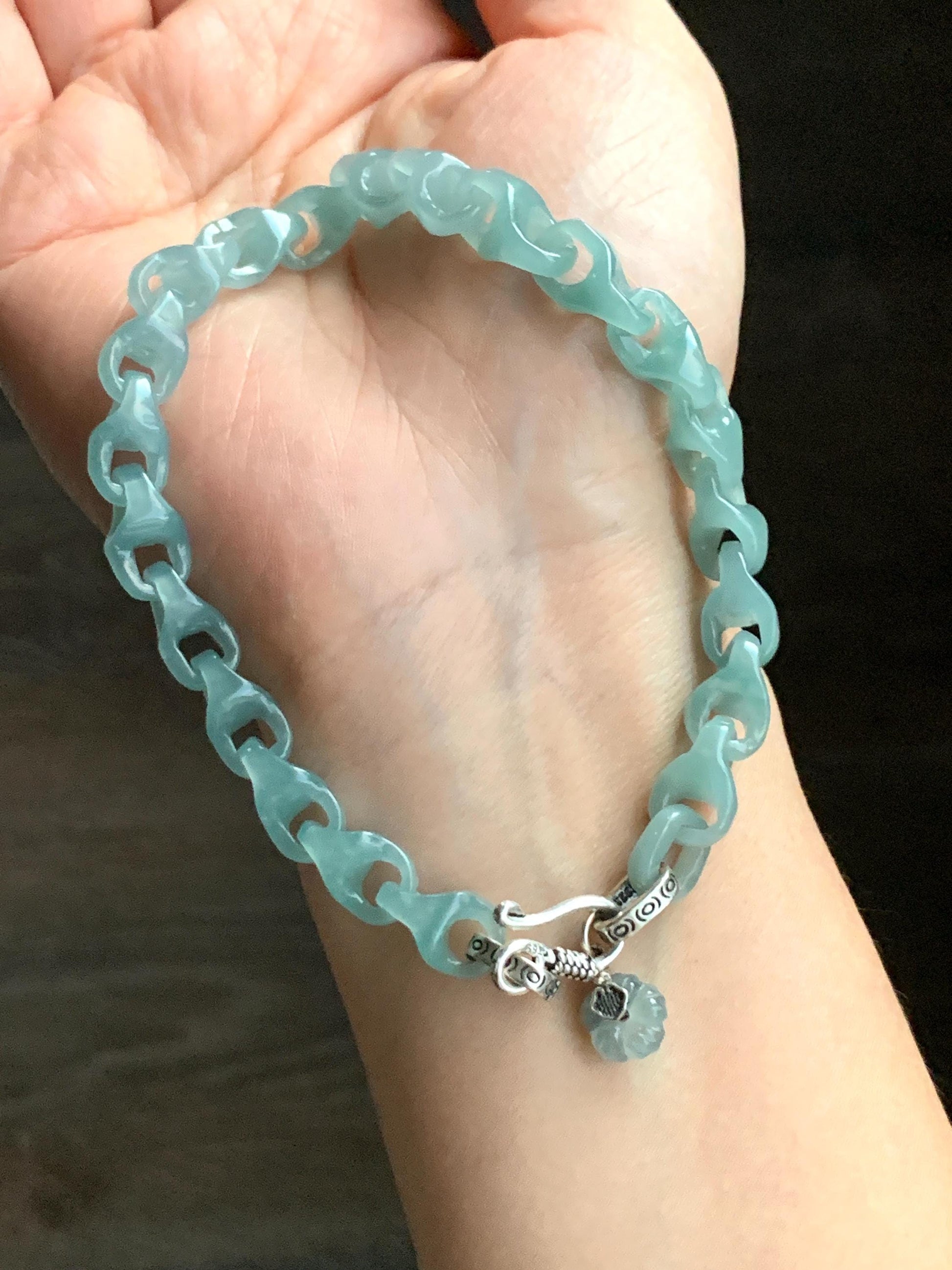 Certified Natural Guatemalan Icy Premium Teal Jadeite Carved Interlocking Dragon Bone Link Bracelet Sterling Silver 20g 天然冰胶危蓝绿翡翠龙骨链手链 1695