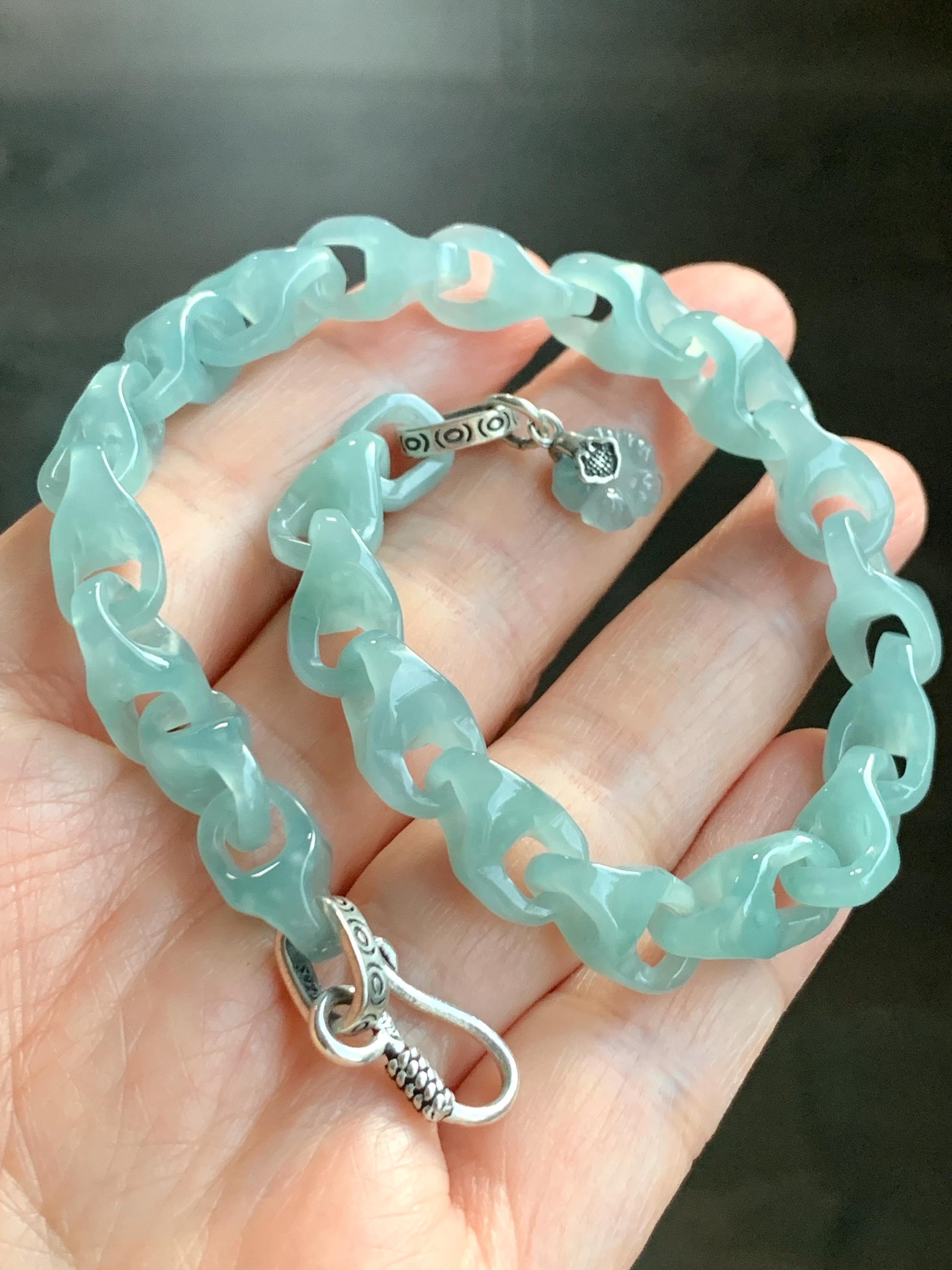 Certified Natural Guatemalan Icy Premium Teal Jadeite Carved Interlocking Dragon Bone Link Bracelet Sterling Silver 20g 天然冰胶危蓝绿翡翠龙骨链手链 1695