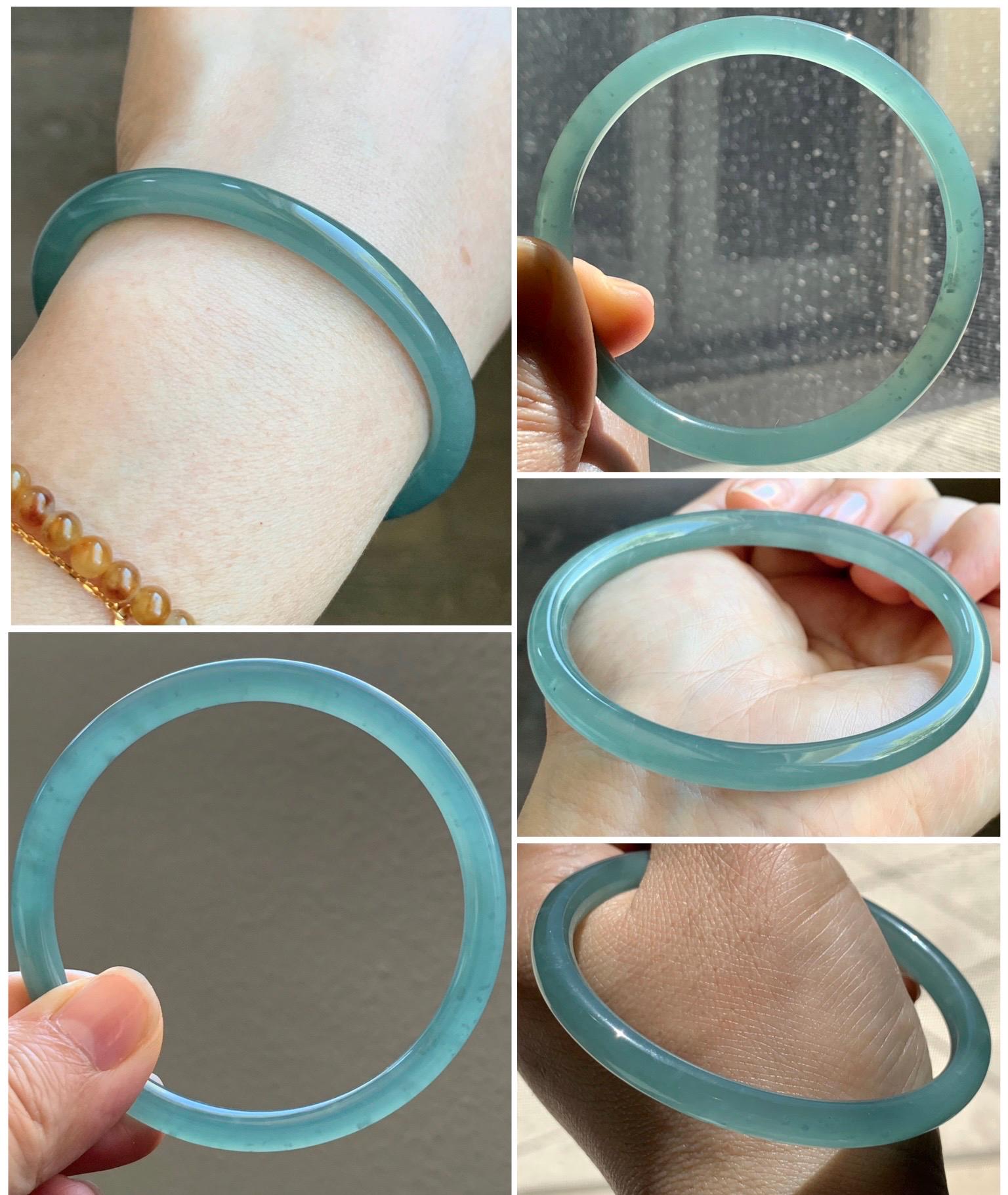 Certified Natural Grade A Guatemalan Icy Premium Gelatinous Light Teal Green Jade Jadeite Bangle 59.3mm 7.25” 20.4g 天然冰胶危蓝绿翡翠圆条手镯 1532