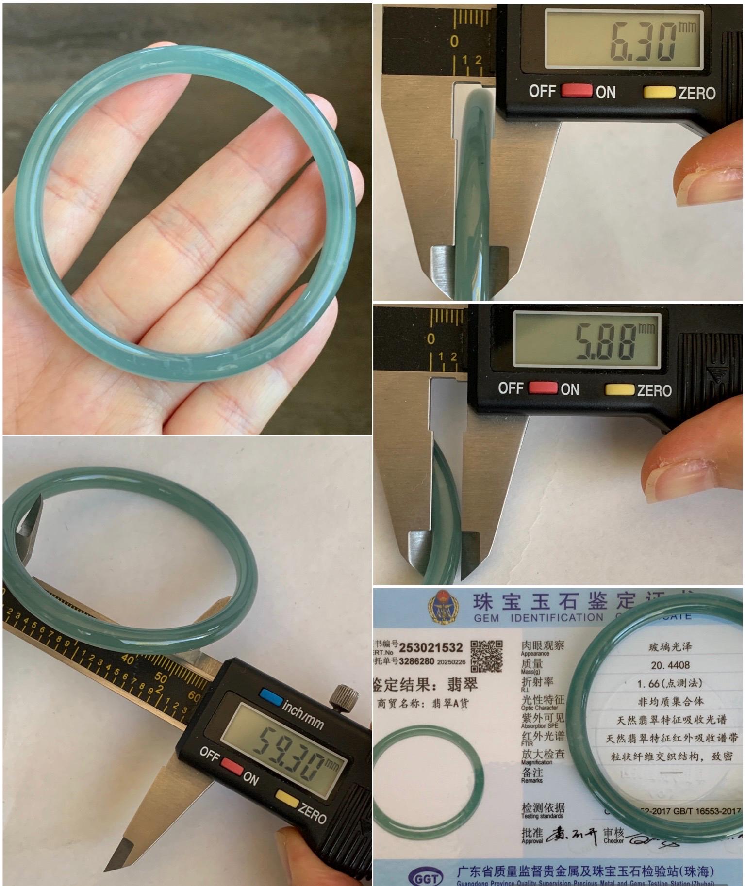 Certified Natural Grade A Guatemalan Icy Premium Gelatinous Light Teal Green Jade Jadeite Bangle 59.3mm 7.25” 20.4g 天然冰胶危蓝绿翡翠圆条手镯 1532