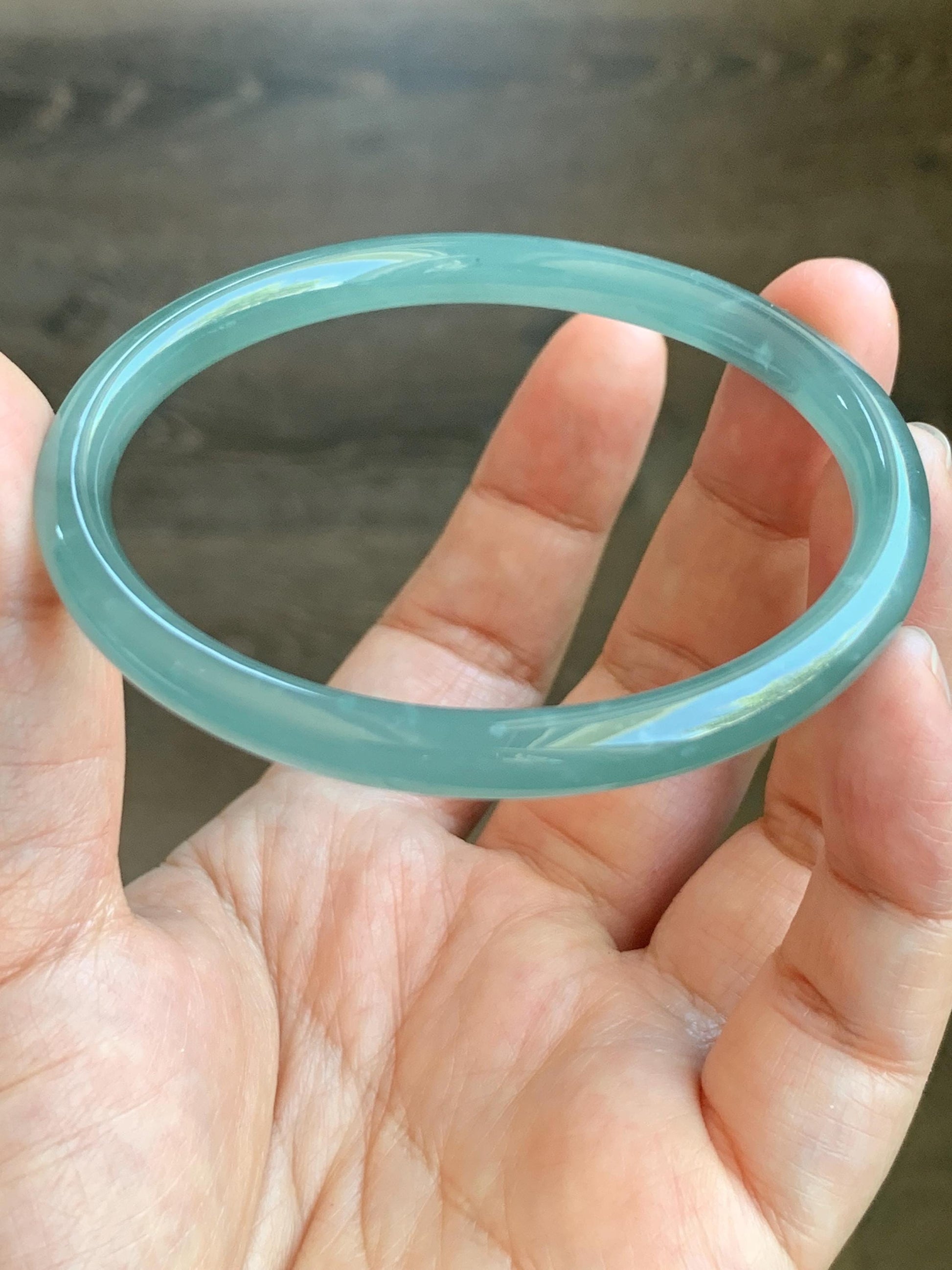 Certified Natural Grade A Guatemalan Icy Premium Gelatinous Light Teal Green Jade Jadeite Bangle 59.3mm 7.25” 20.4g 天然冰胶危蓝绿翡翠圆条手镯 1532