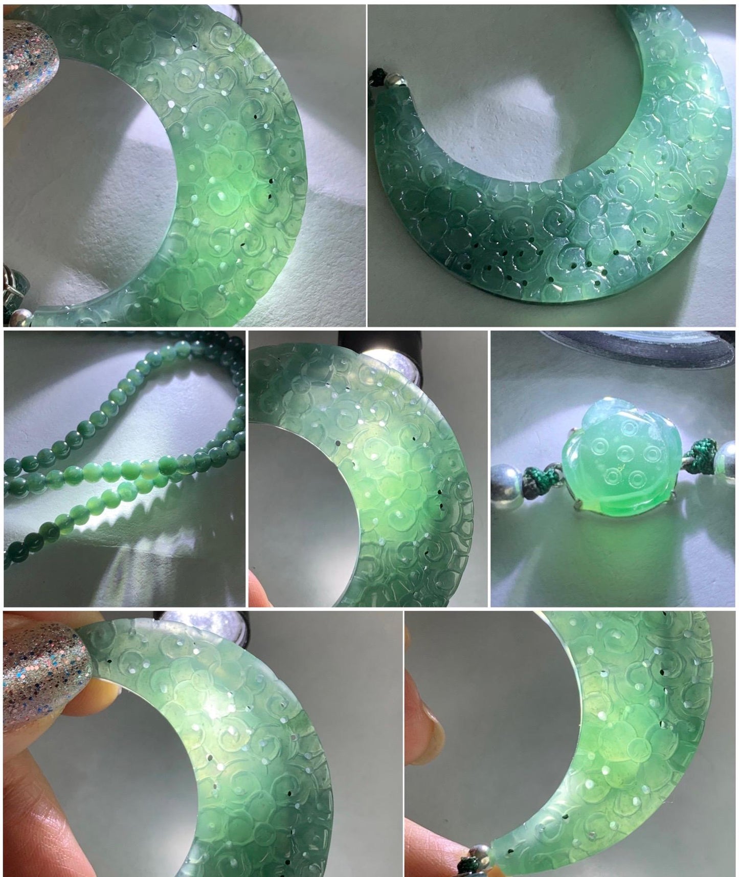Natural Icy Translucent Teal Marbled Jadeite Openwork Engraved Crescent Moon Pendant Sterling Silver Beaded Necklace 天然冰胶蓝飘花翡翠玉横圆珠项链 MLLH823