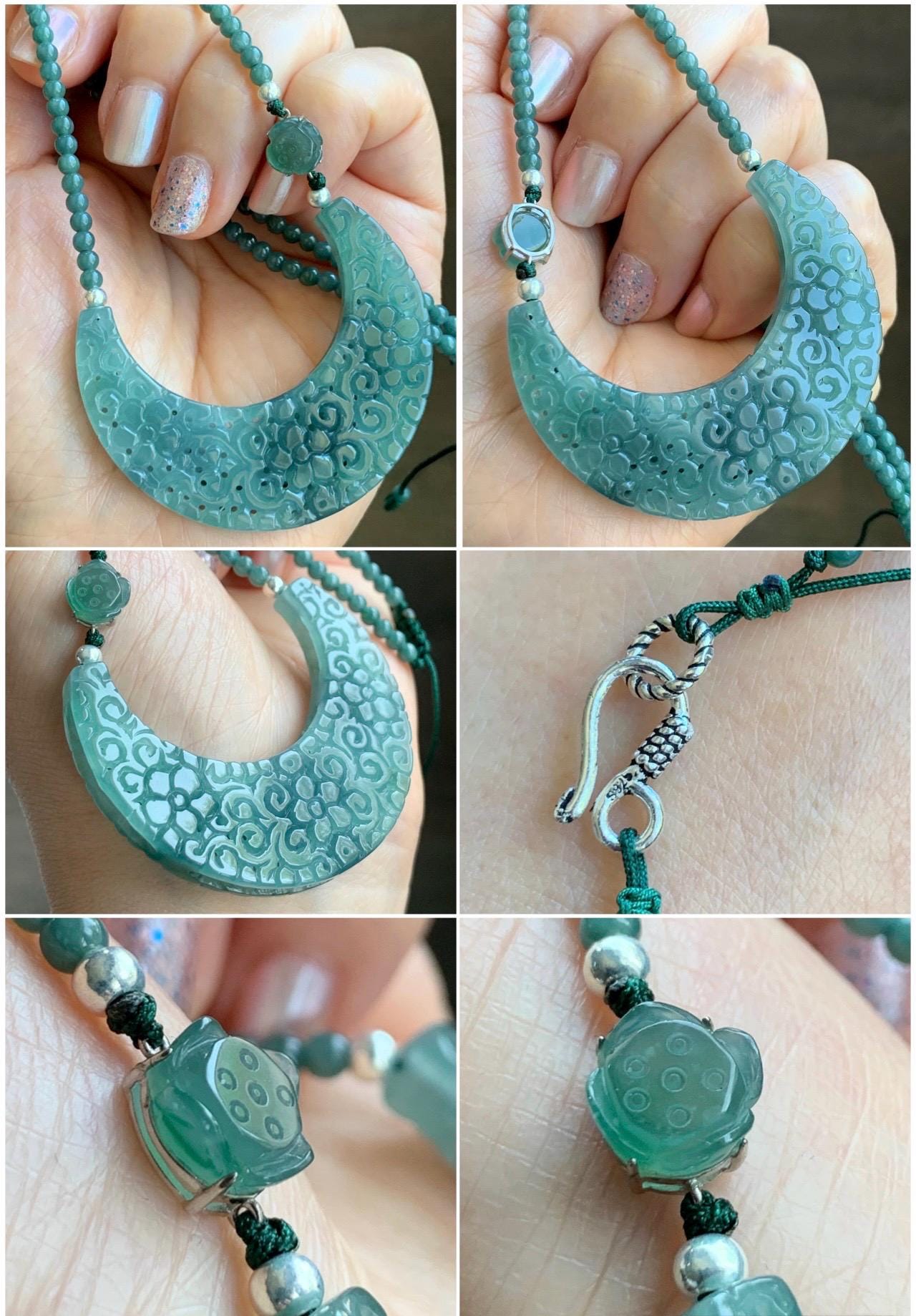 Natural Icy Translucent Teal Marbled Jadeite Openwork Engraved Crescent Moon Pendant Sterling Silver Beaded Necklace 天然冰胶蓝飘花翡翠玉横圆珠项链 MLLH823