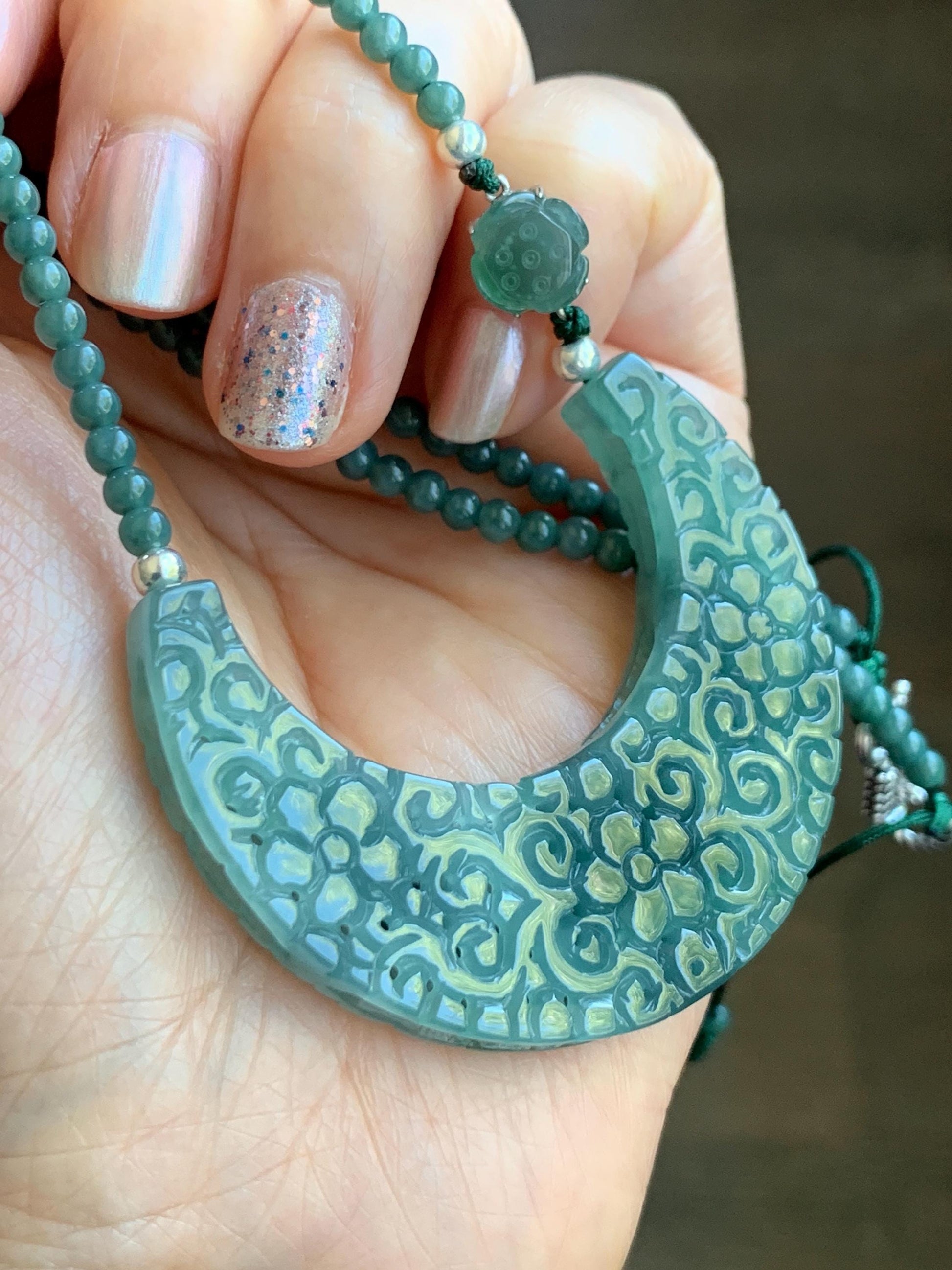 Natural Icy Translucent Teal Marbled Jadeite Openwork Engraved Crescent Moon Pendant Sterling Silver Beaded Necklace 天然冰胶蓝飘花翡翠玉横圆珠项链 MLLH823