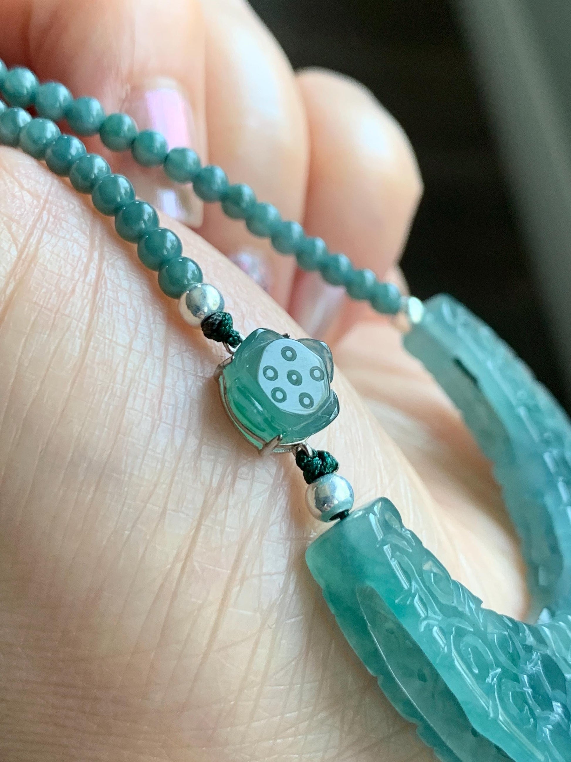 Natural Icy Translucent Teal Marbled Jadeite Openwork Engraved Crescent Moon Pendant Sterling Silver Beaded Necklace 天然冰胶蓝飘花翡翠玉横圆珠项链 MLLH823