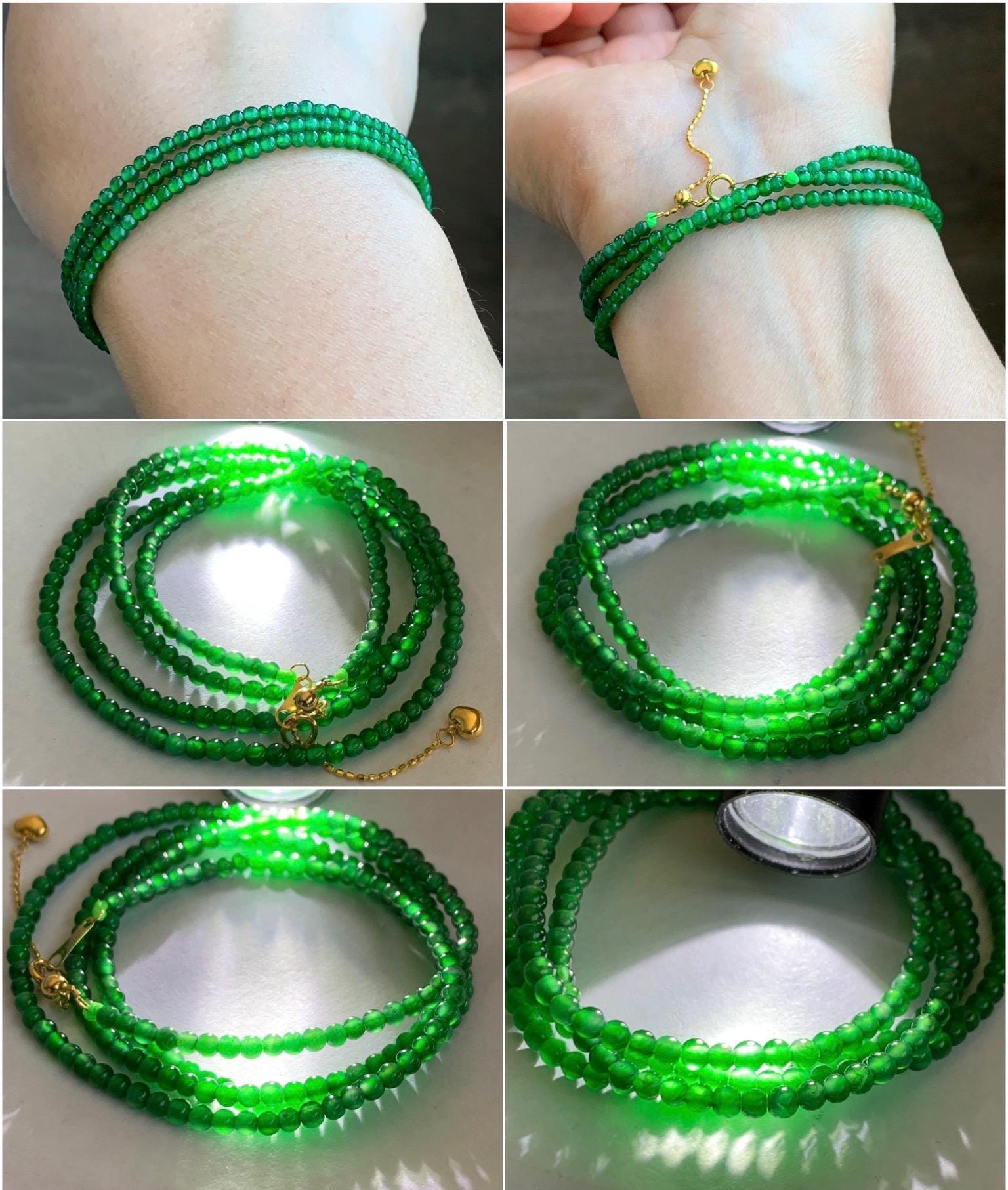 Natural Grade A Guatemalan Icy Translucent Vibrant Green Jadeite Petite Beaded Necklace 18K Yellow Gold 20.75” 6g 天然冰危阳绿翡翠小卡圆珠项链K金扣头 WYL500