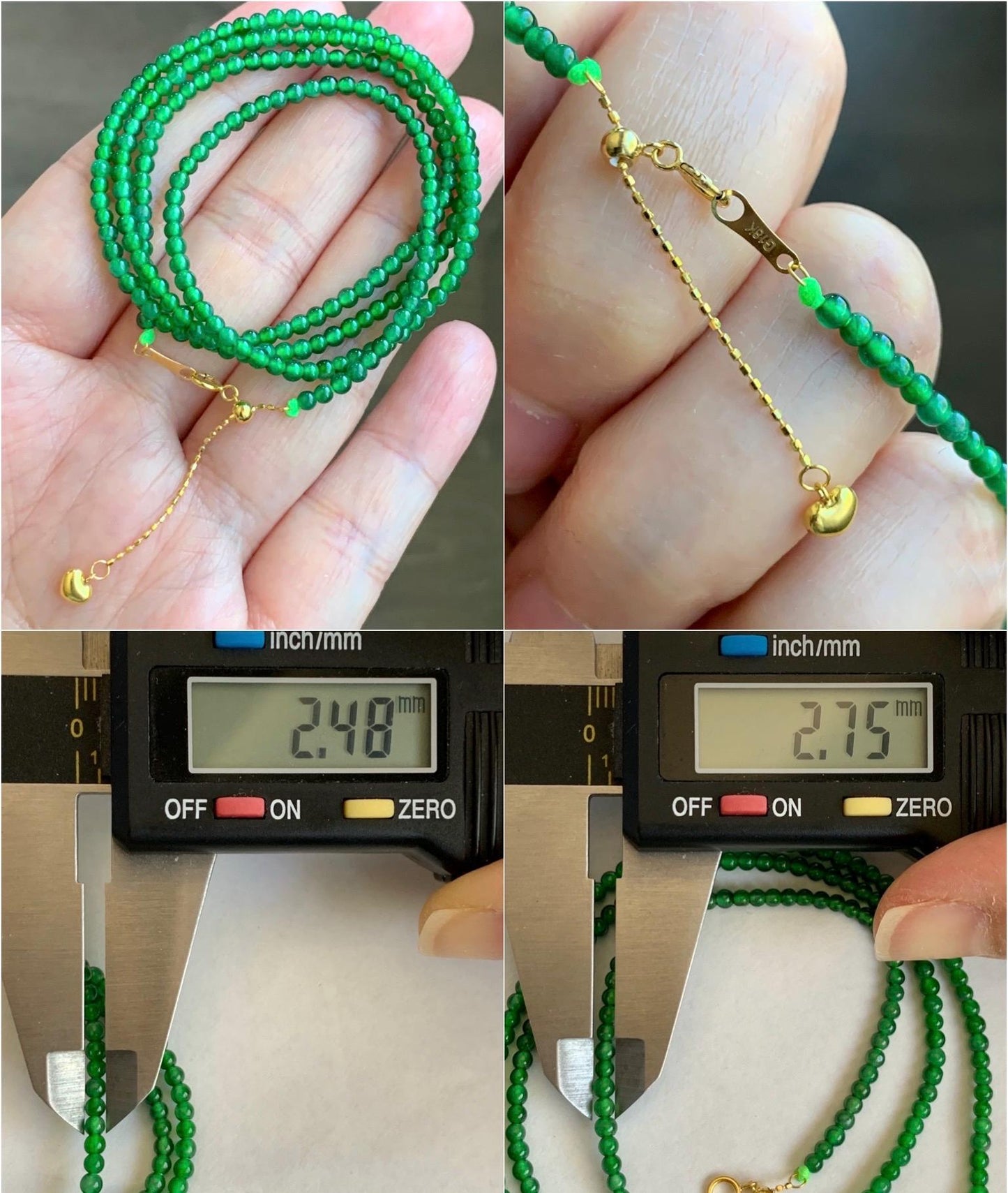 Natural Grade A Guatemalan Icy Translucent Vibrant Green Jadeite Petite Beaded Necklace 18K Yellow Gold 20.75” 6g 天然冰危阳绿翡翠小卡圆珠项链K金扣头 WYL500