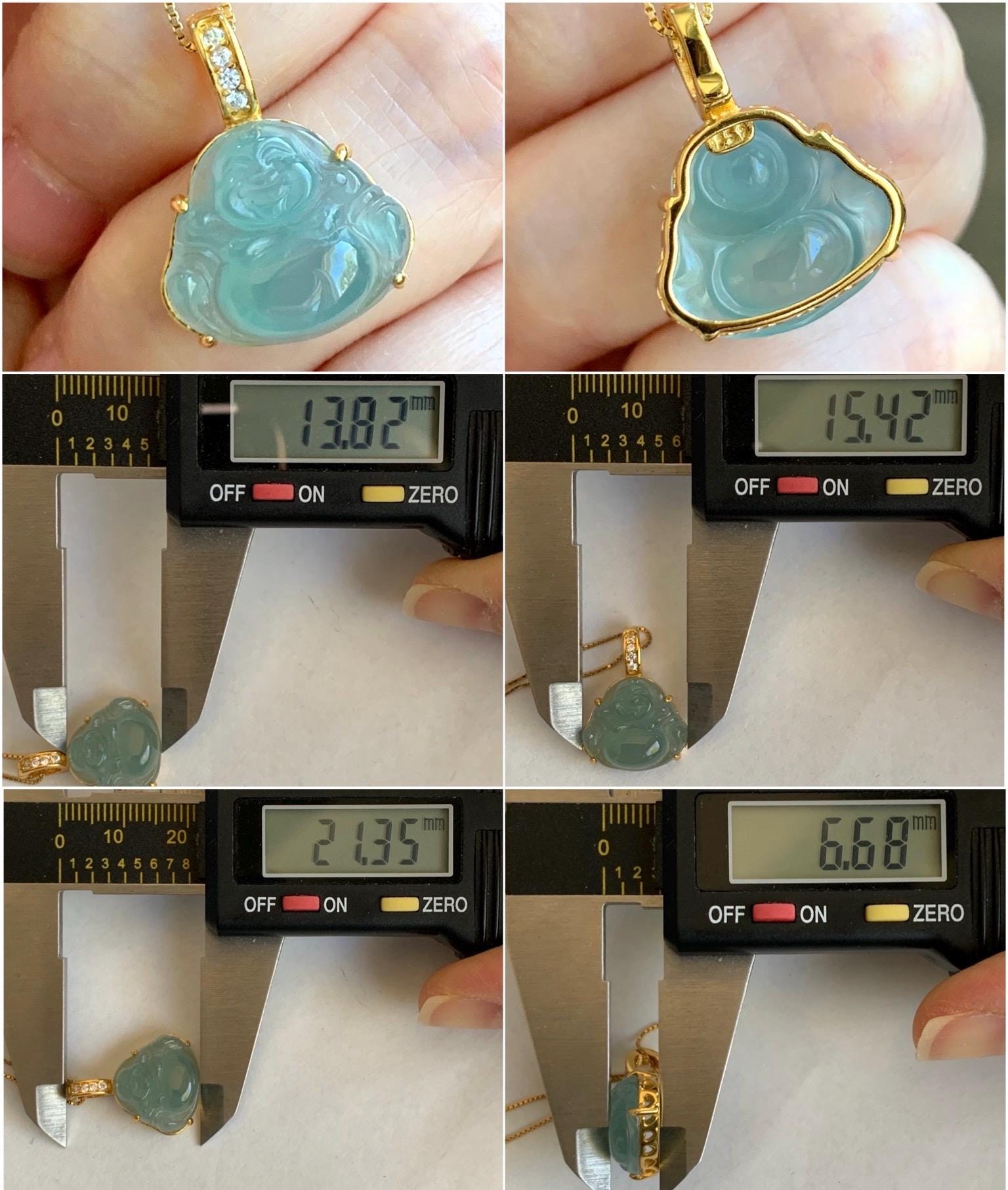 Natural Grade A Guatemalan Icy Highly Translucent Light Teal Jadeite Buddha Pendant Sterling Silver Yellow Gold Overlay 天然冰危浅蓝绿翡翠佛公吊坠 WQF120