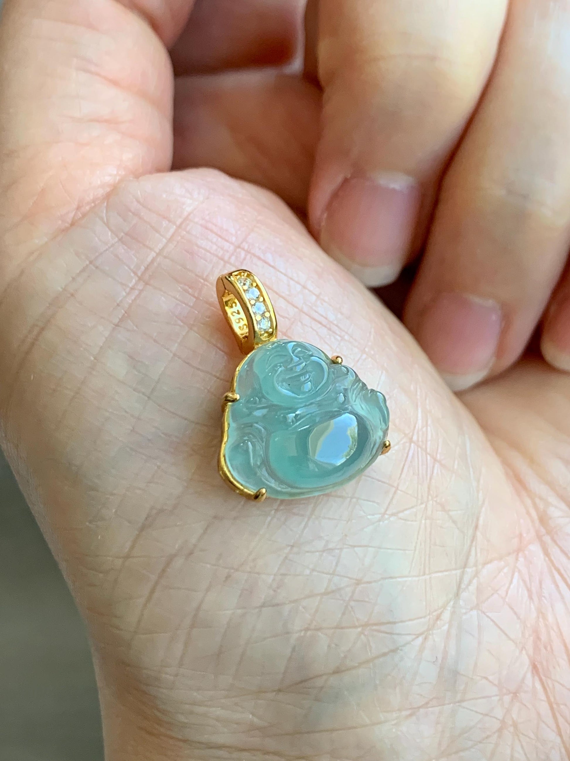 Natural Grade A Guatemalan Icy Highly Translucent Light Teal Jadeite Buddha Pendant Sterling Silver Yellow Gold Overlay 天然冰危浅蓝绿翡翠佛公吊坠 WQF120