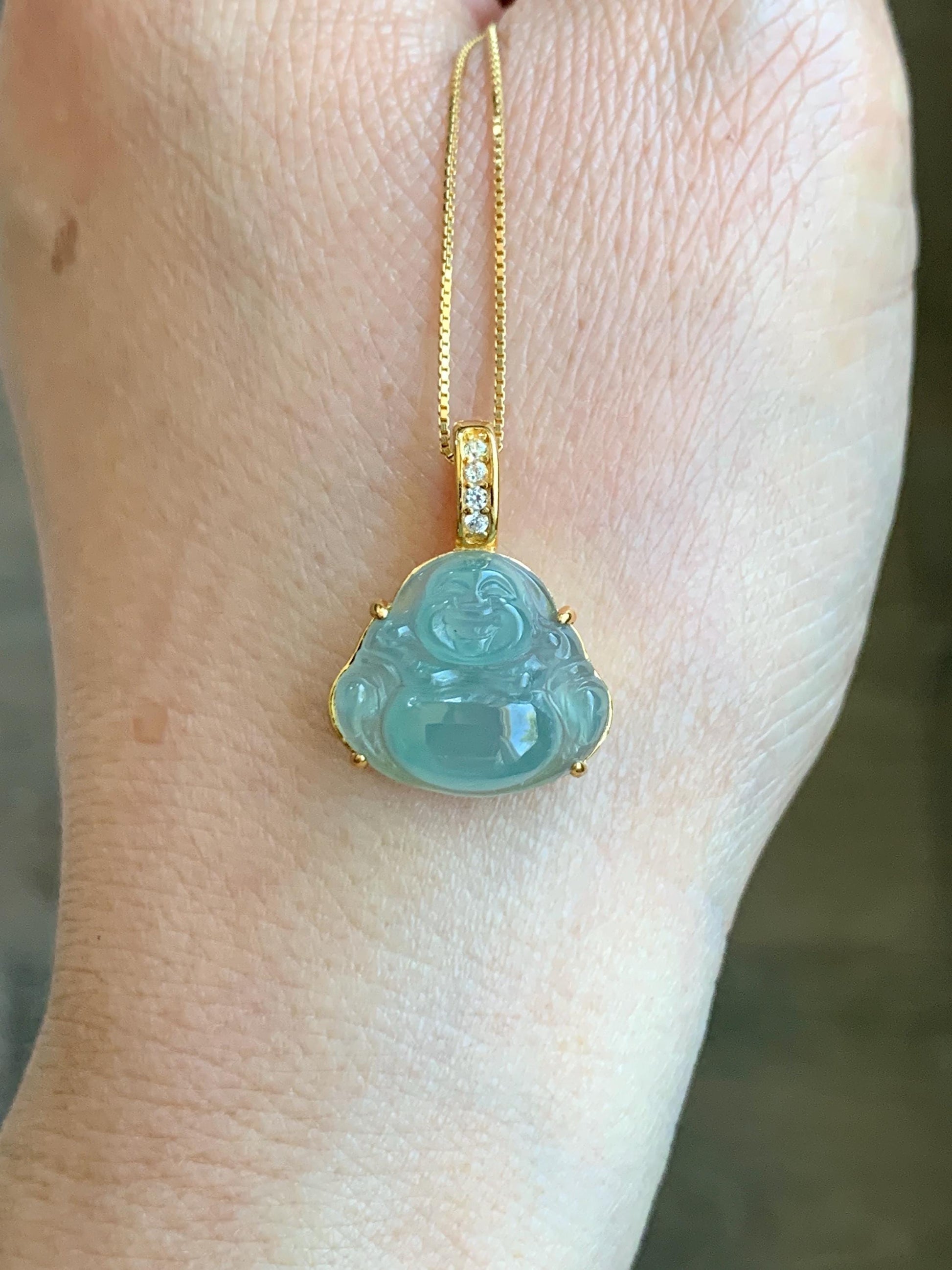 Natural Grade A Guatemalan Icy Highly Translucent Light Teal Jadeite Buddha Pendant Sterling Silver Yellow Gold Overlay 天然冰危浅蓝绿翡翠佛公吊坠 WQF120