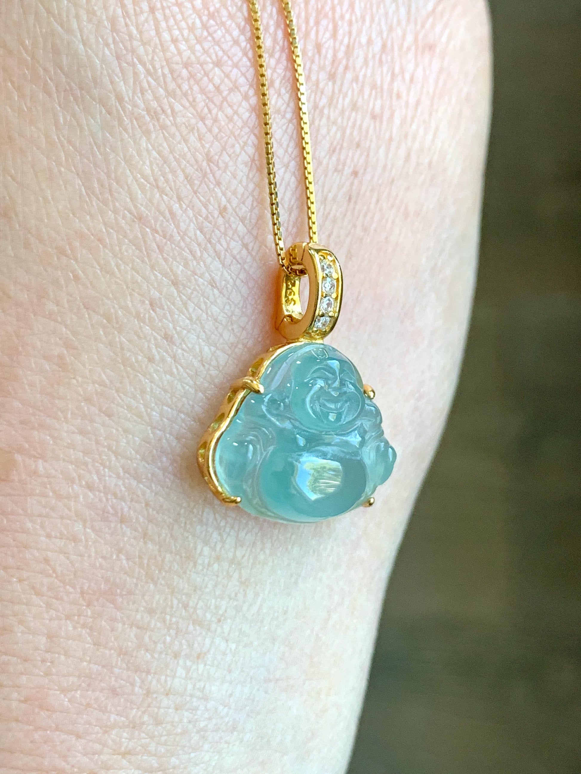 Natural Grade A Guatemalan Icy Highly Translucent Light Teal Jadeite Buddha Pendant Sterling Silver Yellow Gold Overlay 天然冰危浅蓝绿翡翠佛公吊坠 WQF120