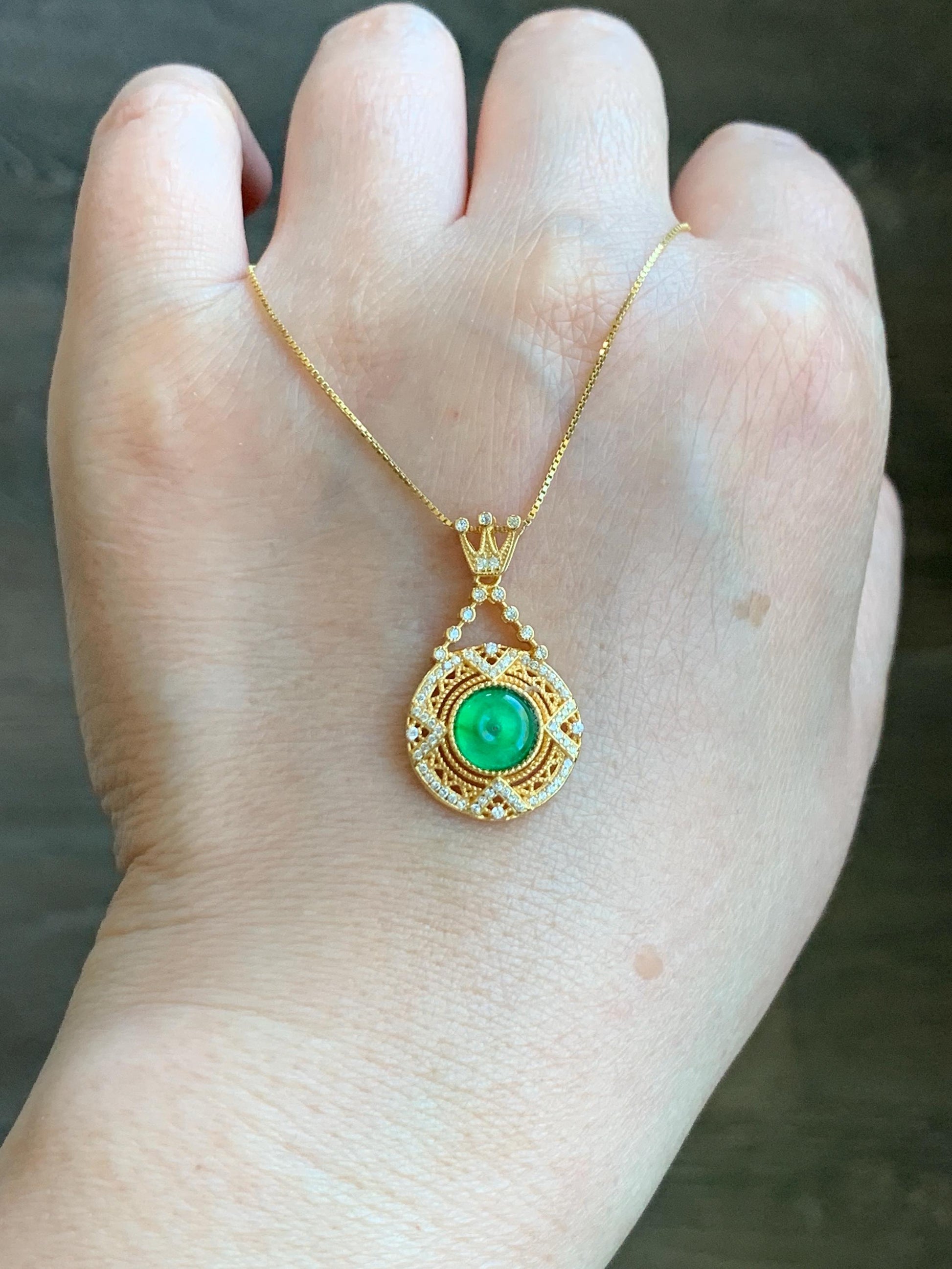 Natural Guatemalan Icy Translucent Vibrant Green Jadeite Ping An Kou Donut Pendant Sterling Silver Yellow Gold Finish 天然冰危绿翡翠迷你平安扣银镶吊坠 MNP66