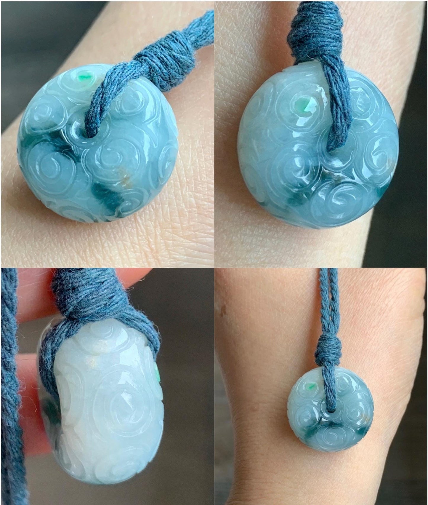 Natural Icy Translucent Pastel Blue Dark Blue Marbled Jadeite Engraved Ping An Kou Donut Pendant Rope Necklace 24” 13g 天然淡蓝飘花翡翠仿古雕平安扣吊坠 A