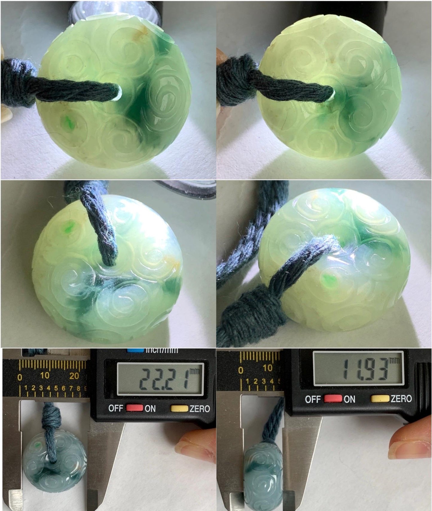 Natural Icy Translucent Pastel Blue Dark Blue Marbled Jadeite Engraved Ping An Kou Donut Pendant Rope Necklace 24” 13g 天然淡蓝飘花翡翠仿古雕平安扣吊坠 A