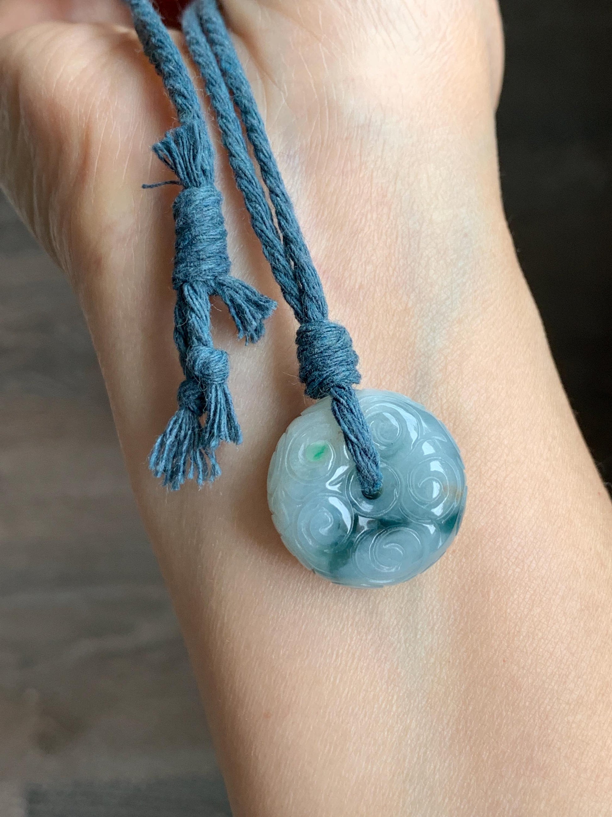 Natural Icy Translucent Pastel Blue Dark Blue Marbled Jadeite Engraved Ping An Kou Donut Pendant Rope Necklace 24” 13g 天然淡蓝飘花翡翠仿古雕平安扣吊坠 A