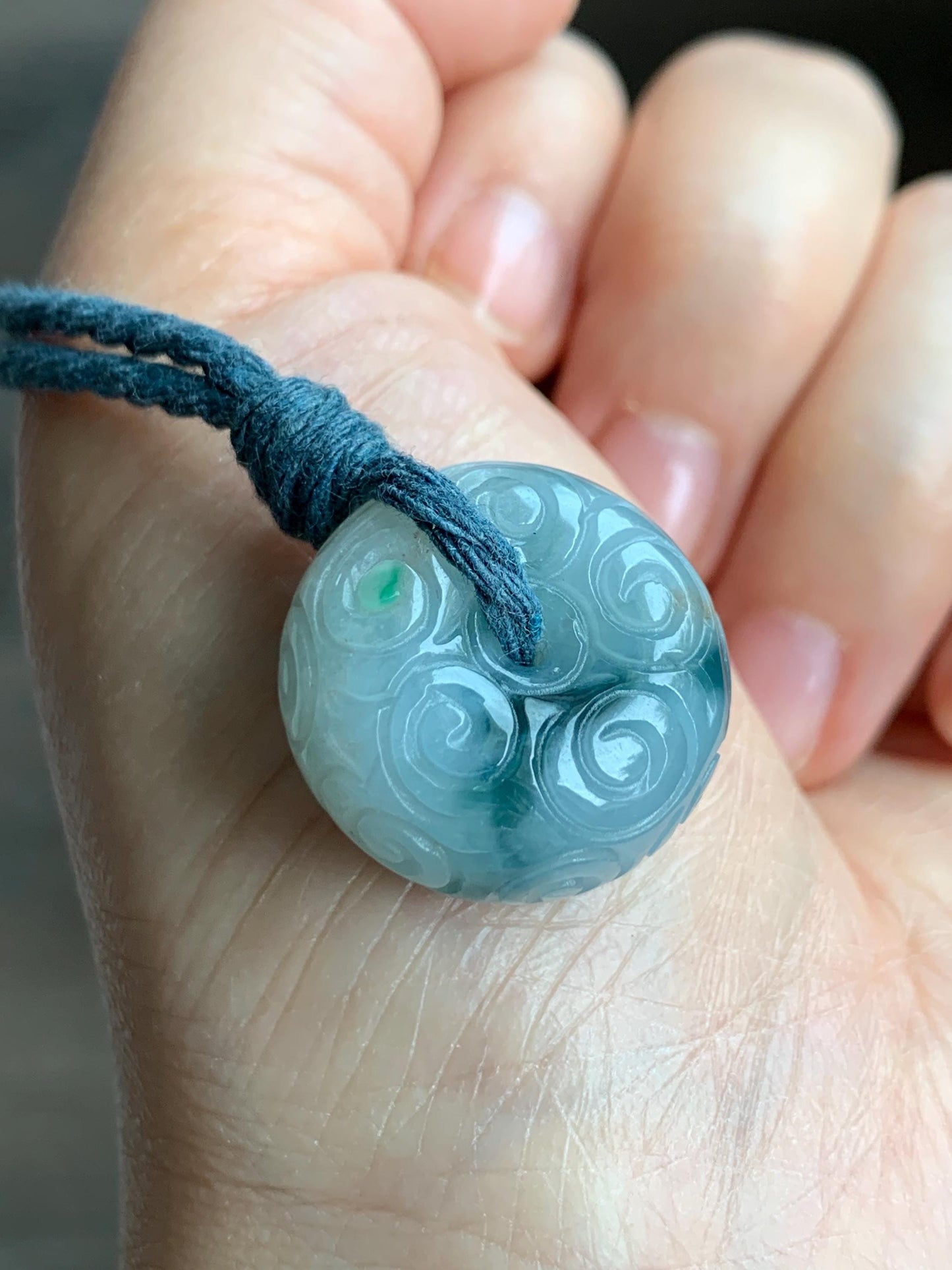 Natural Icy Translucent Pastel Blue Dark Blue Marbled Jadeite Engraved Ping An Kou Donut Pendant Rope Necklace 24” 13g 天然淡蓝飘花翡翠仿古雕平安扣吊坠 A