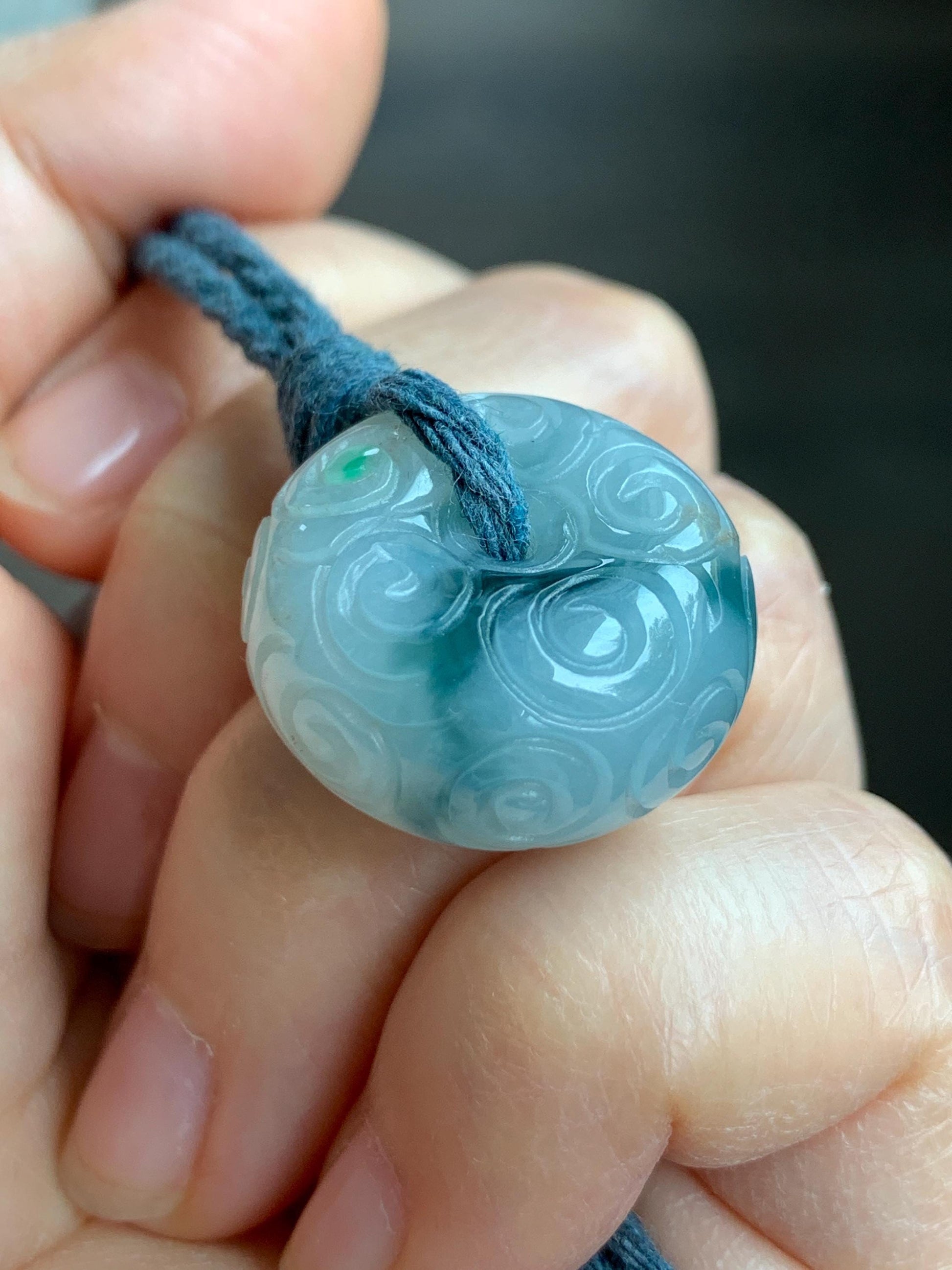 Natural Icy Translucent Pastel Blue Dark Blue Marbled Jadeite Engraved Ping An Kou Donut Pendant Rope Necklace 24” 13g 天然淡蓝飘花翡翠仿古雕平安扣吊坠 A