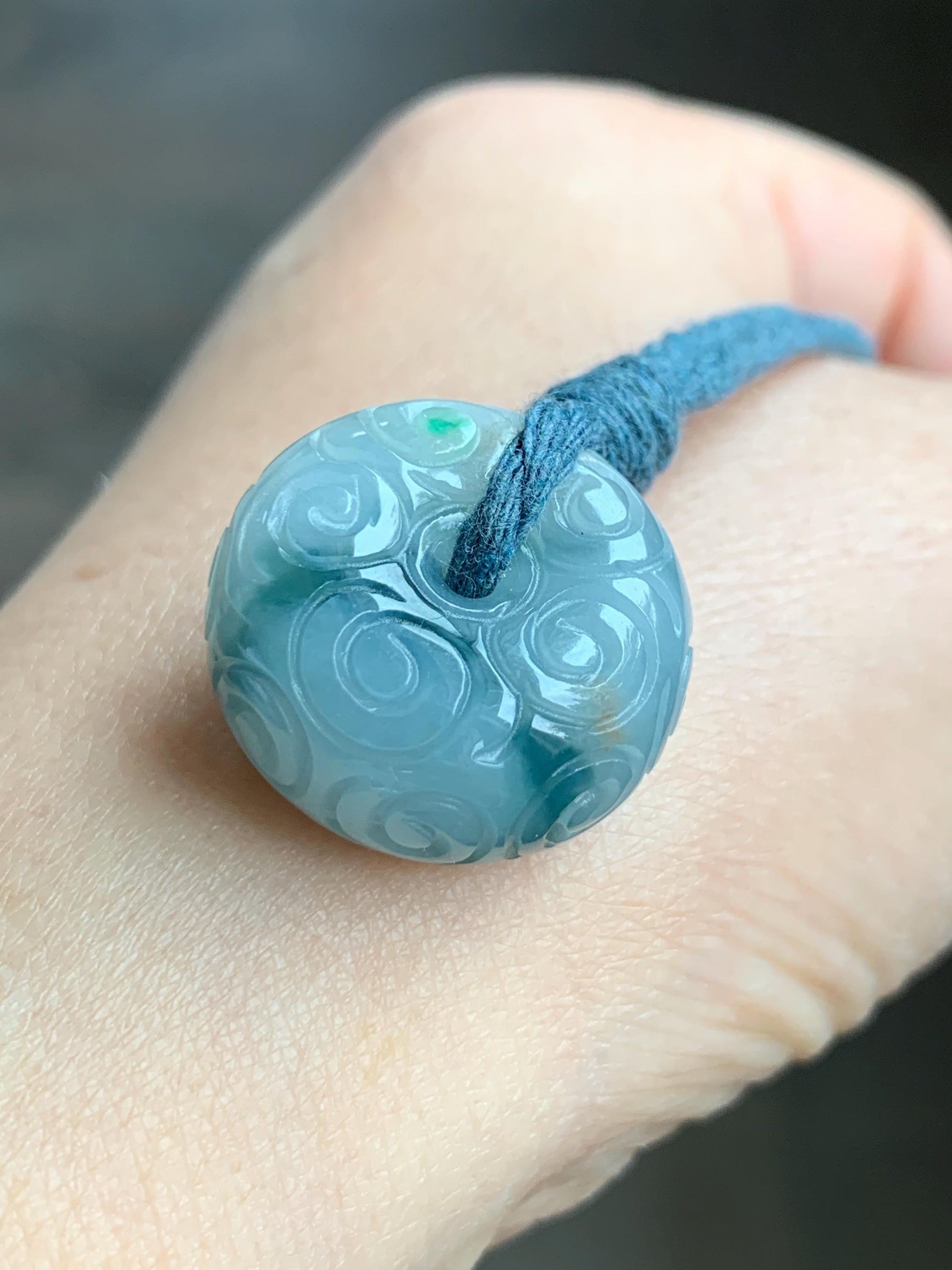 Natural Icy Translucent Pastel Blue Dark Blue Marbled Jadeite Engraved Ping An Kou Donut Pendant Rope Necklace 24” 13g 天然淡蓝飘花翡翠仿古雕平安扣吊坠 A