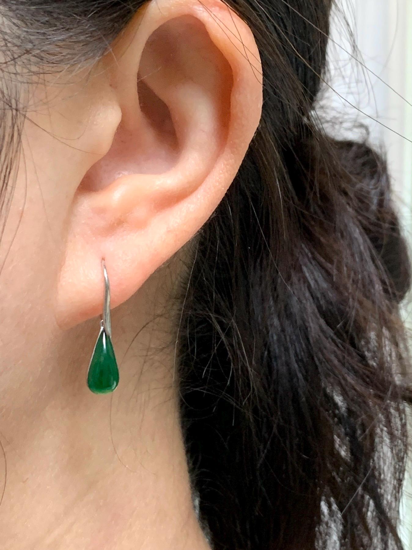 Certified Natural Guatemalan Icy Translucent Vibrant Green Jade Jadeite Teardrop Dangle Hook Earrings Sterling Silver 天然冰危绿翡翠水滴银镶耳钩耳吊 7432