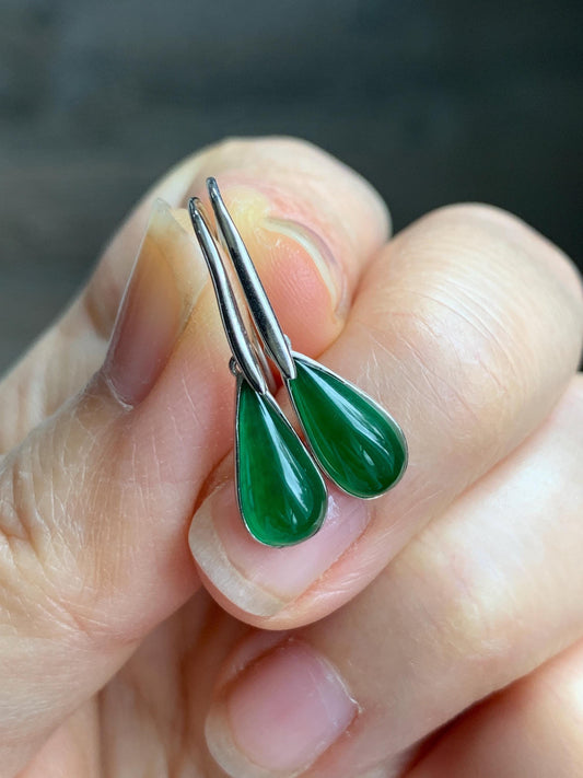 Certified Natural Guatemalan Icy Translucent Vibrant Green Jade Jadeite Teardrop Dangle Hook Earrings Sterling Silver 天然冰危绿翡翠水滴银镶耳钩耳吊 7432