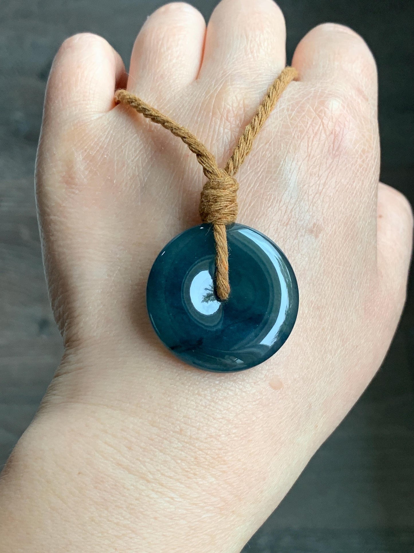 Natural Grade A Guatemalan Icy Highly Translucent Dark Blue Jade Jadeite Ping An Kou Donut Pendant Rope Necklace 26" 天然冰危深蓝翡翠平安扣吊坠项链 MSZ477B