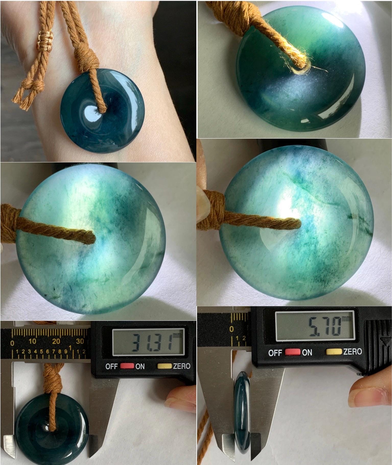 Natural Grade A Guatemalan Icy Highly Translucent Dark Blue Jade Jadeite Ping An Kou Donut Pendant Rope Necklace 26" 天然冰危深蓝翡翠平安扣吊坠项链 MSZ477B