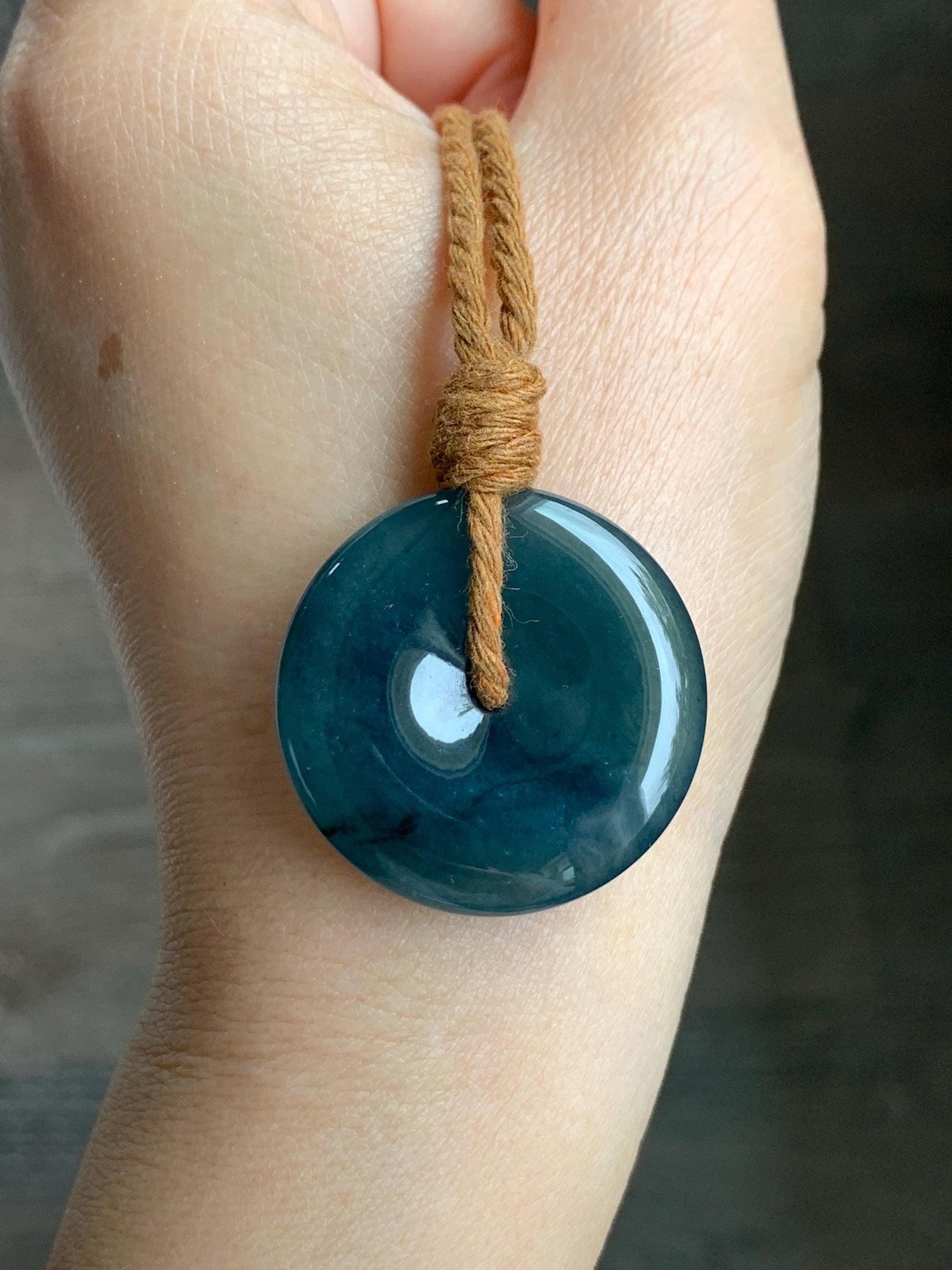 Natural Grade A Guatemalan Icy Highly Translucent Dark Blue Jade Jadeite Ping An Kou Donut Pendant Rope Necklace 26" 天然冰危深蓝翡翠平安扣吊坠项链 MSZ477B