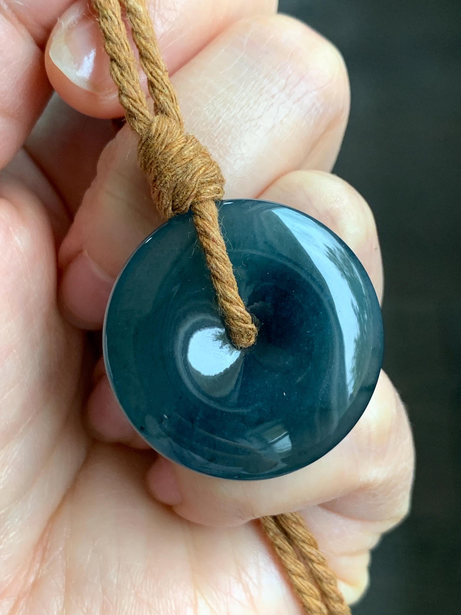 Natural Grade A Guatemalan Icy Highly Translucent Dark Blue Jade Jadeite Ping An Kou Donut Pendant Rope Necklace 26" 天然冰危深蓝翡翠平安扣吊坠项链 MSZ477B