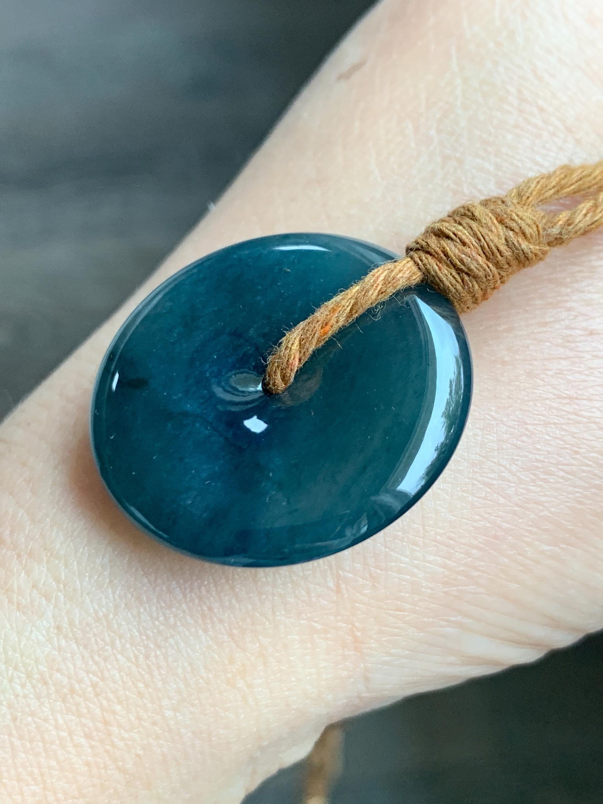 Natural Grade A Guatemalan Icy Highly Translucent Dark Blue Jade Jadeite Ping An Kou Donut Pendant Rope Necklace 26" 天然冰危深蓝翡翠平安扣吊坠项链 MSZ477B