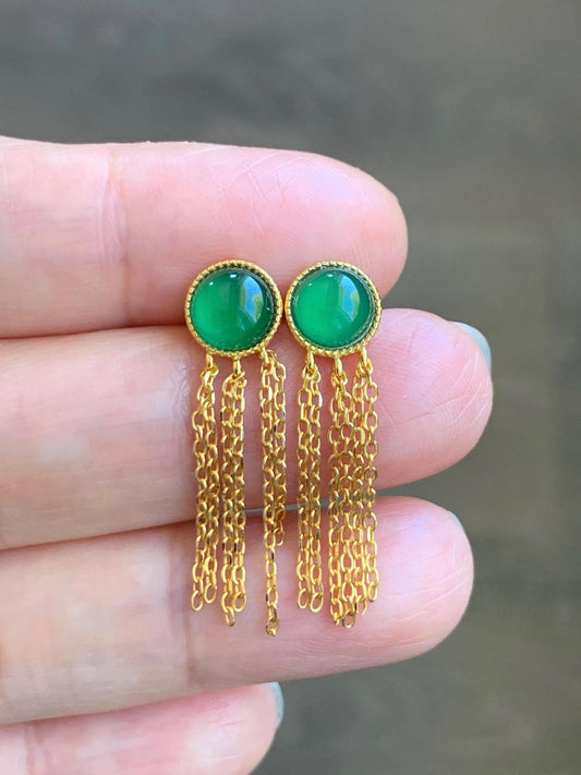 Natural Grade A Guatemalan Icy Translucent Vibrant Green Jadeite Stud Earrings Sterling Silver Yellow Gold Overlay 天然冰危绿翡翠流苏款银耳钉 LSK98