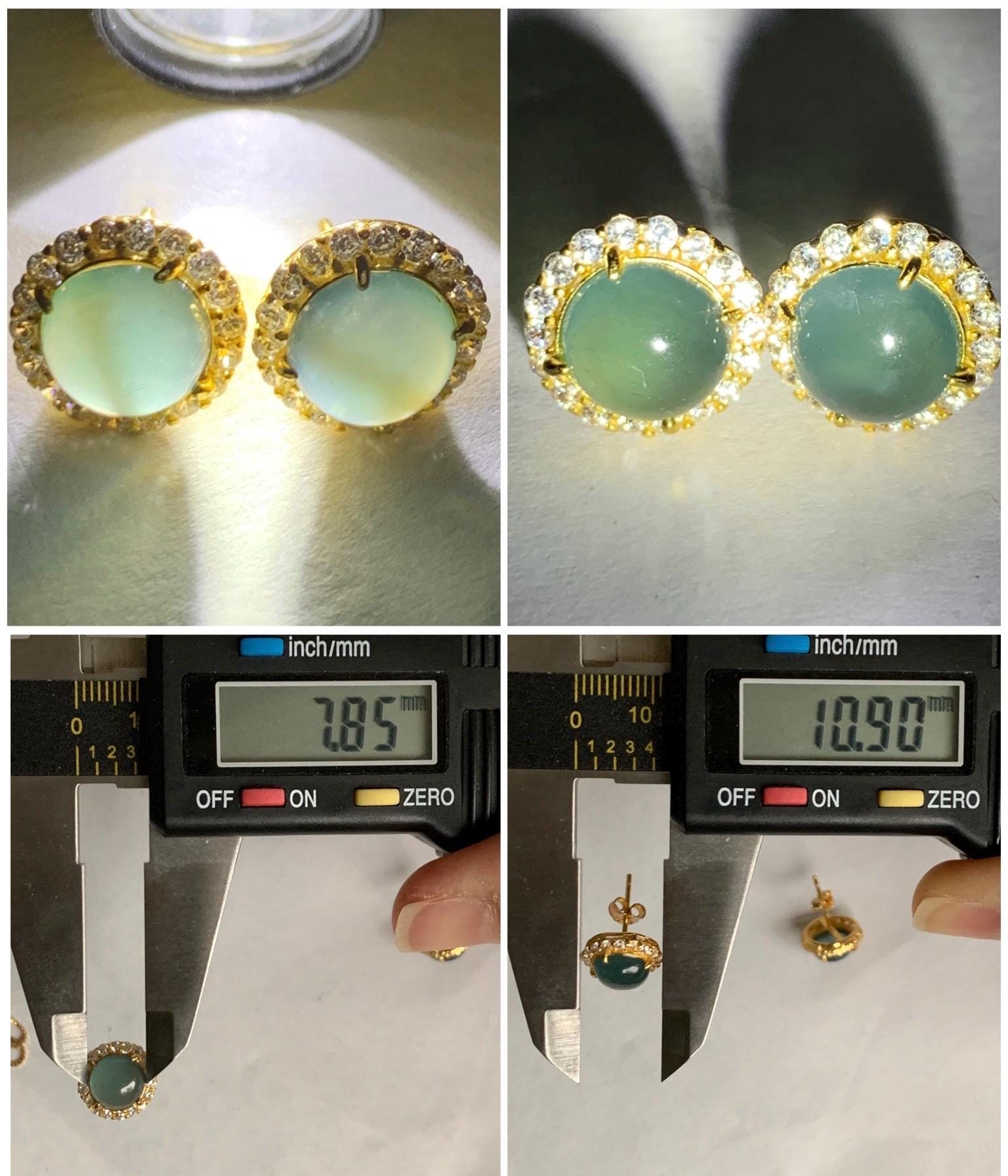 Natural Grade A Guatemalan Icy Translucent Dark Teal Blue Jadeite Halo Style Stud Earrings Sterling Silver YG Overlay 天然冰危深蓝绿翡翠银镶耳钉 WLH88