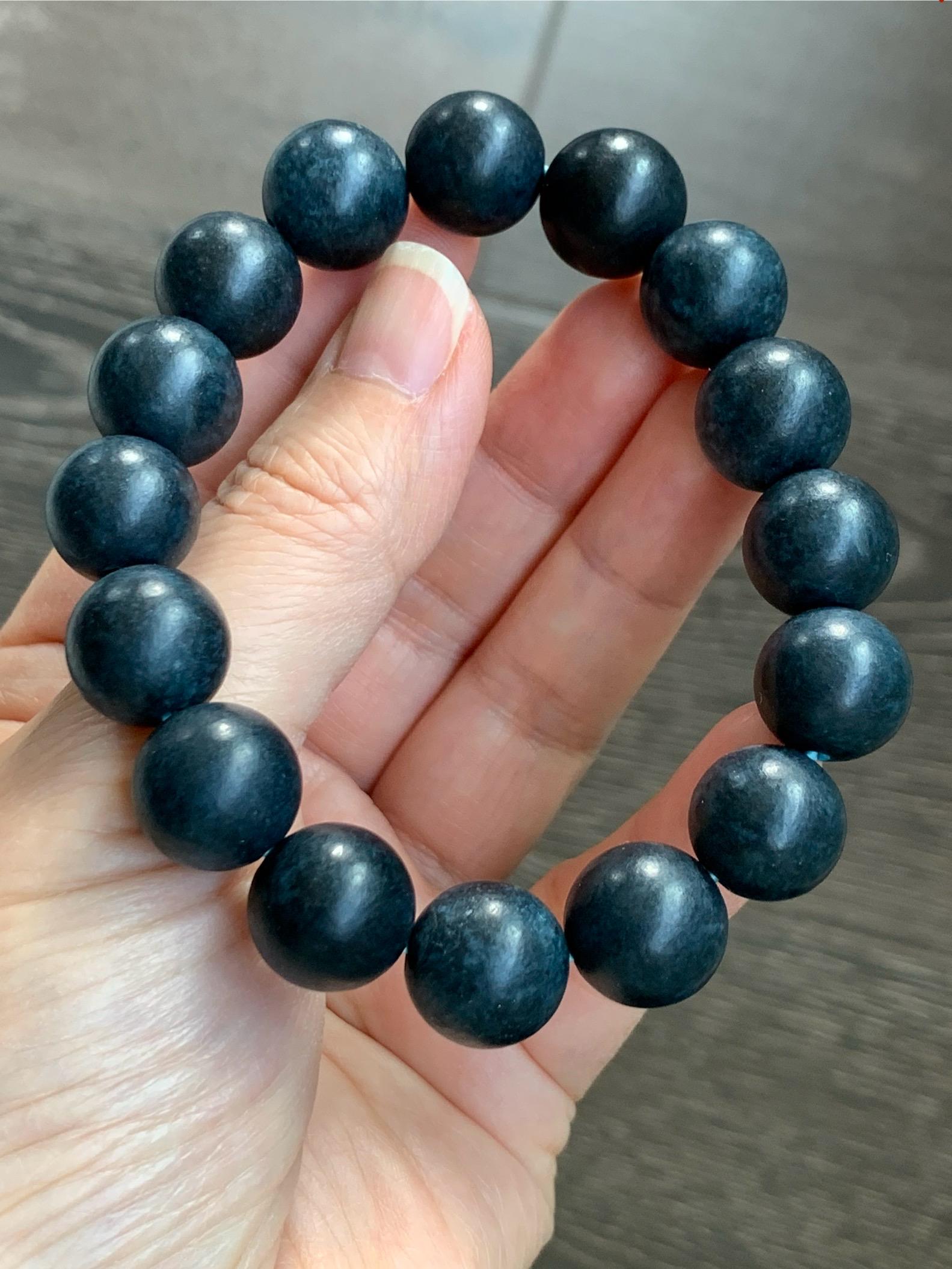 Natural Grade A Opaque Dark Midnight Blue Jadeite Large Round Beads Matte Beaded Bracelet Stretchy 13.6mm 8" 66g 天然A货深牛仔蓝翡翠哑光大卡圆珠手串 MLMS280