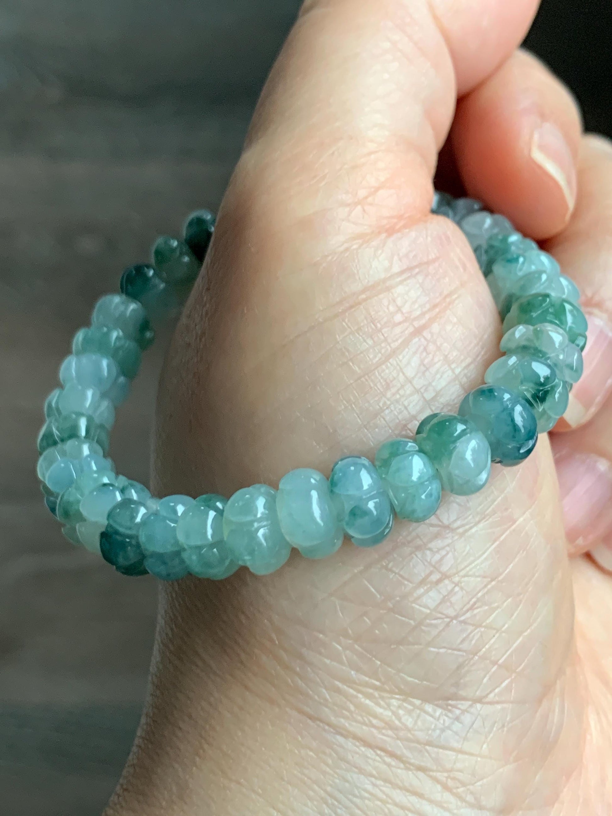 Certified Natural Grade A Icy Translucent Teal Green Marbled Jadeite Carved Lotus Flower beads Beaded Bracelet 6.25” 21g 天然冰胶飘蓝花翡翠莲花珠手串 1127