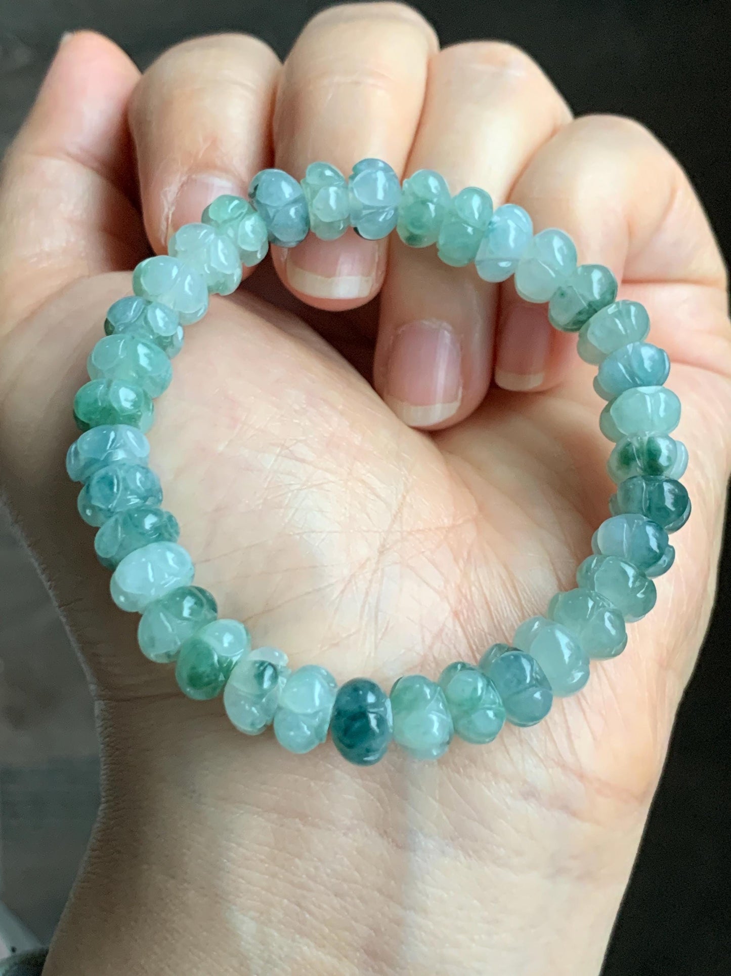 Certified Natural Grade A Icy Translucent Teal Green Marbled Jadeite Carved Lotus Flower beads Beaded Bracelet 6.25” 21g 天然冰胶飘蓝花翡翠莲花珠手串 1127