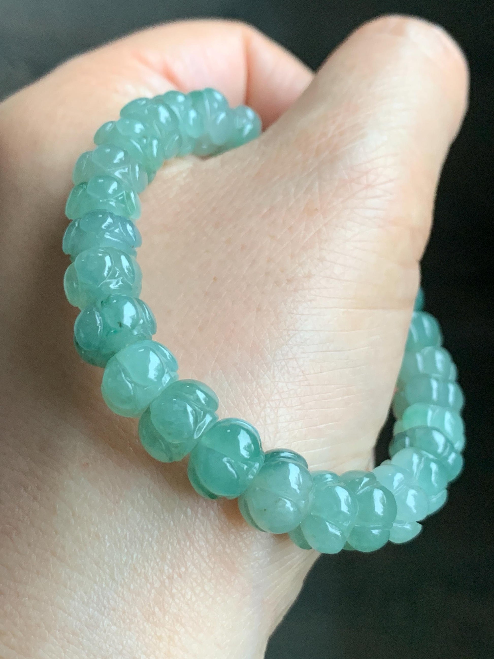 Certified Natural Grade A Icy Translucent Light Sage Green Jadeite Carved Lotus Flower beads Beaded Bracelet 6.25” 26g 天然冰胶飘晴绿飘花翡翠莲花珠手串 1128