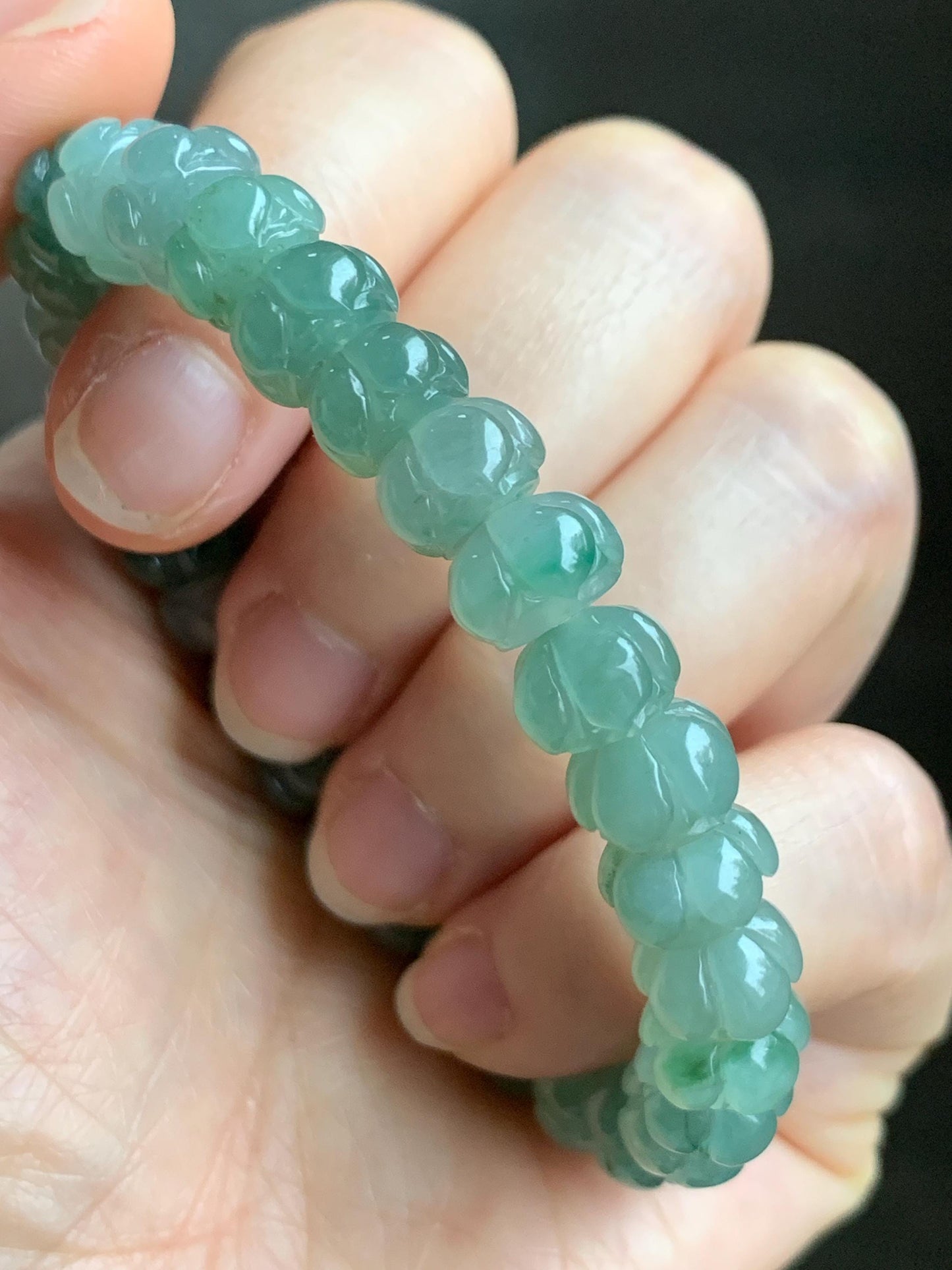 Certified Natural Grade A Icy Translucent Light Sage Green Jadeite Carved Lotus Flower beads Beaded Bracelet 6.25” 26g 天然冰胶飘晴绿飘花翡翠莲花珠手串 1128