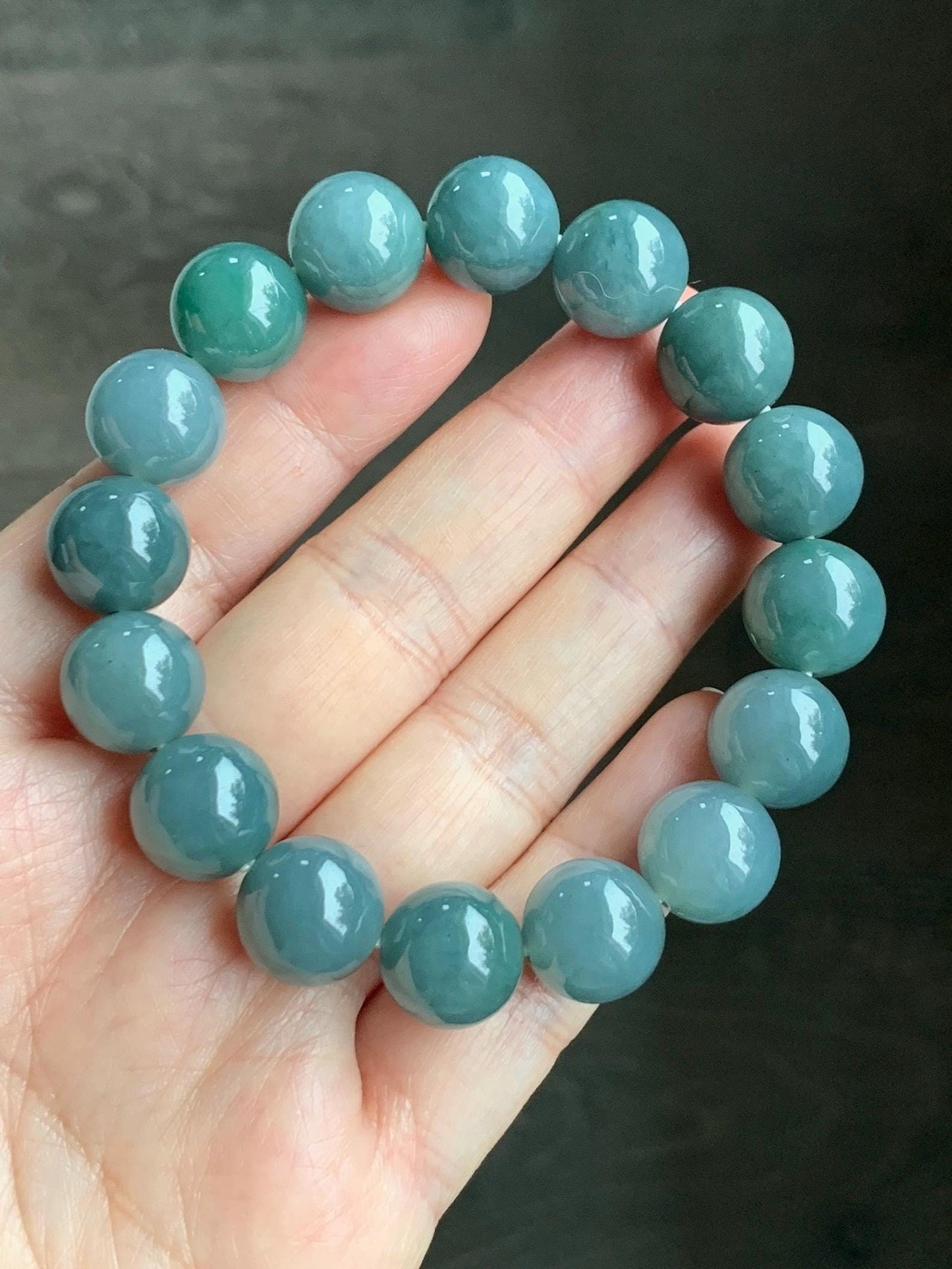 LARGE Natural Grade A Guatemalan Icy Translucent Dusty Blue Green Marbled Jadeite Beaded Bracelet 12.5mm 7” 57g 天然冰危暗蓝飘绿花翡翠大卡手串 DHB300