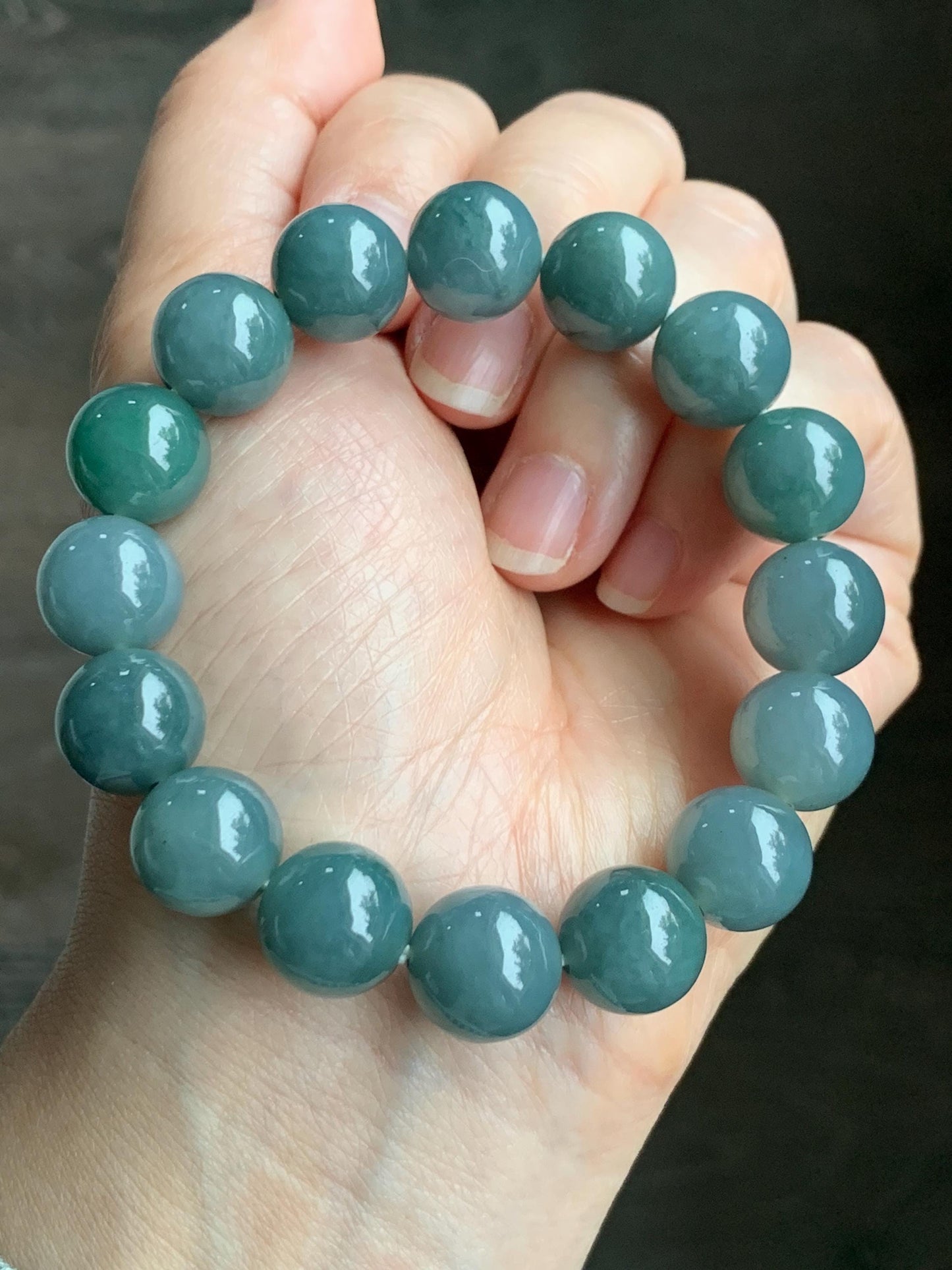 LARGE Natural Grade A Guatemalan Icy Translucent Dusty Blue Green Marbled Jadeite Beaded Bracelet 12.5mm 7” 57g 天然冰危暗蓝飘绿花翡翠大卡手串 DHB300