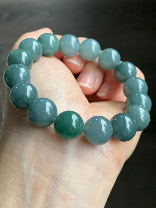 LARGE Natural Grade A Guatemalan Icy Translucent Dusty Blue Green Marbled Jadeite Beaded Bracelet 12.5mm 7” 57g 天然冰危暗蓝飘绿花翡翠大卡手串 DHB300