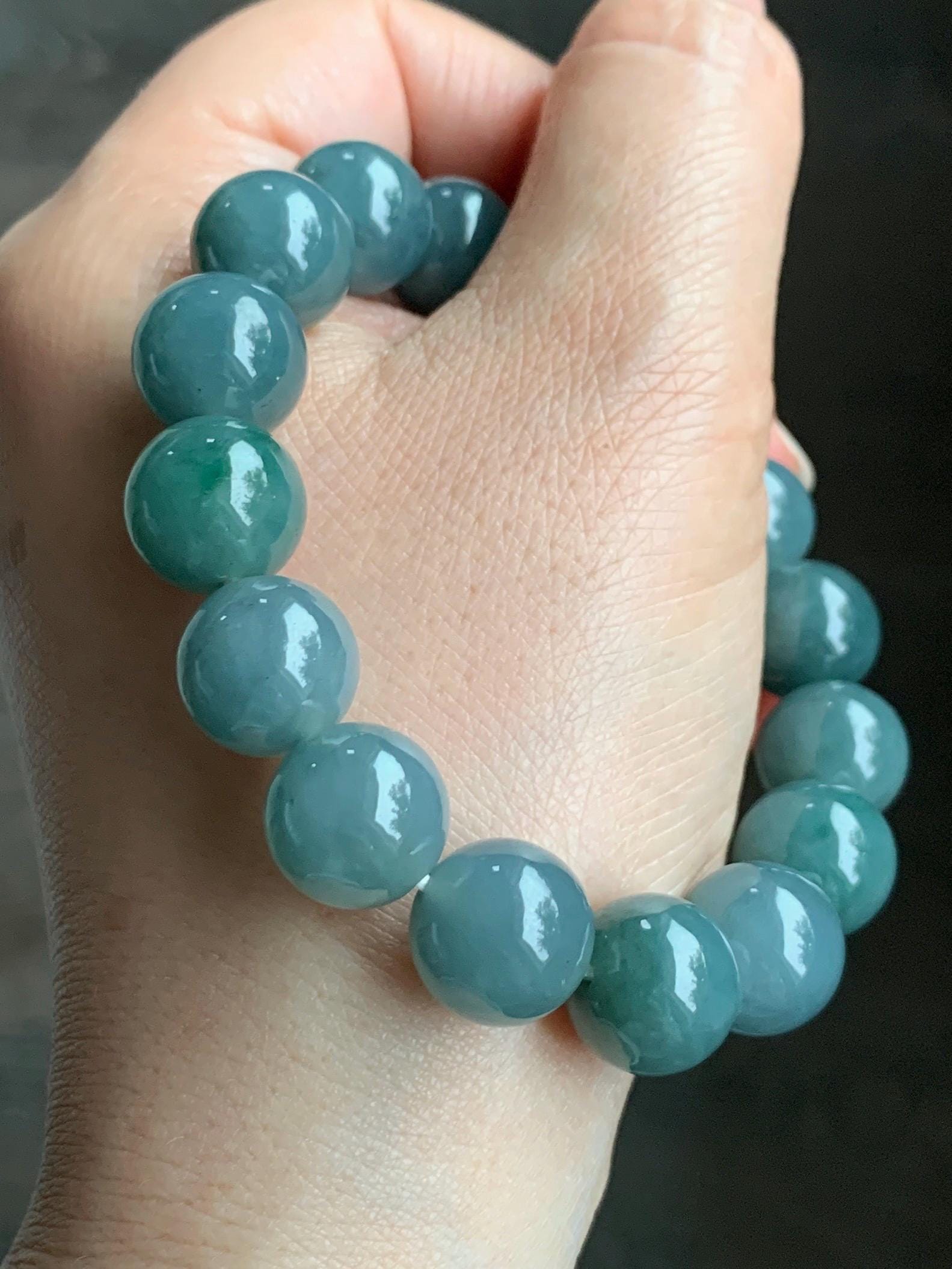 LARGE Natural Grade A Guatemalan Icy Translucent Dusty Blue Green Marbled Jadeite Beaded Bracelet 12.5mm 7” 57g 天然冰危暗蓝飘绿花翡翠大卡手串 DHB300