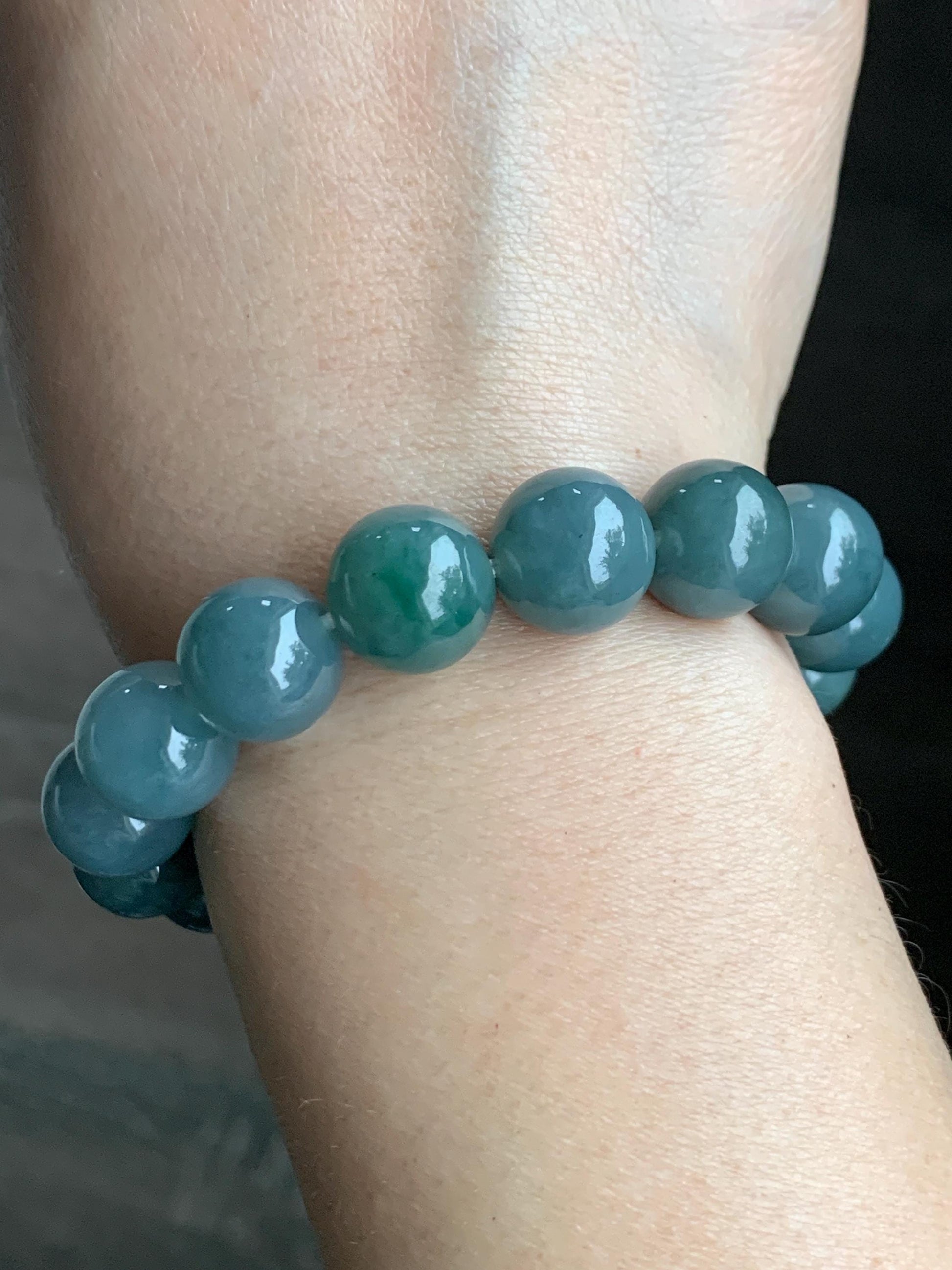 LARGE Natural Grade A Guatemalan Icy Translucent Dusty Blue Green Marbled Jadeite Beaded Bracelet 12.5mm 7” 57g 天然冰危暗蓝飘绿花翡翠大卡手串 DHB300