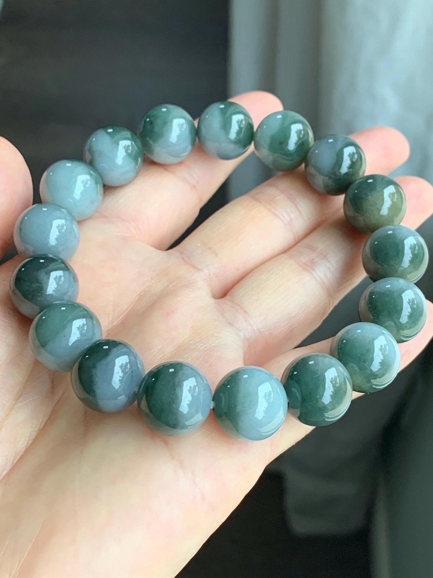 Large Natural Grade A Icy Translucent Bi-Colored Jade Jadeite Mala Beaded Bracelet Stretchy 14mm 8.5” 81g 天然灰蓝深绿鸳鸯双色翡翠大卡手串 YYD416