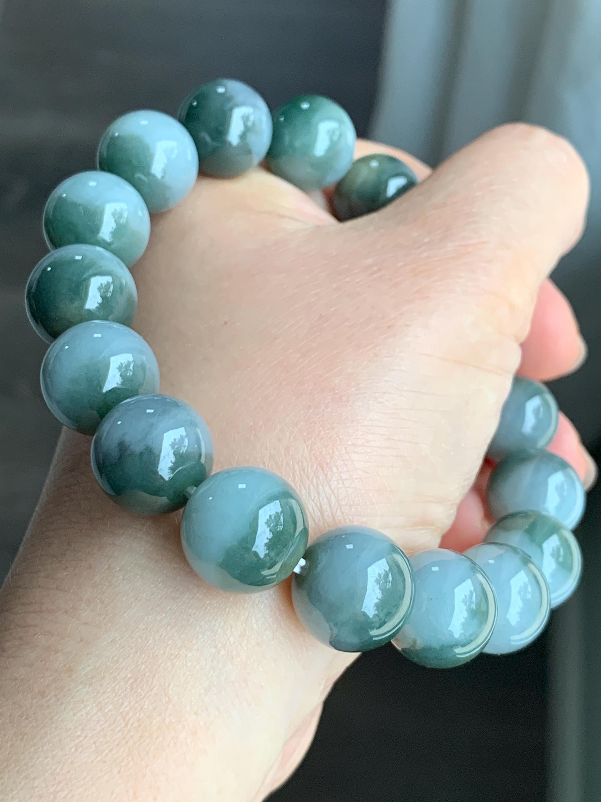 Large Natural Grade A Icy Translucent Bi-Colored Jade Jadeite Mala Beaded Bracelet Stretchy 14mm 8.5” 81g 天然灰蓝深绿鸳鸯双色翡翠大卡手串 YYD416