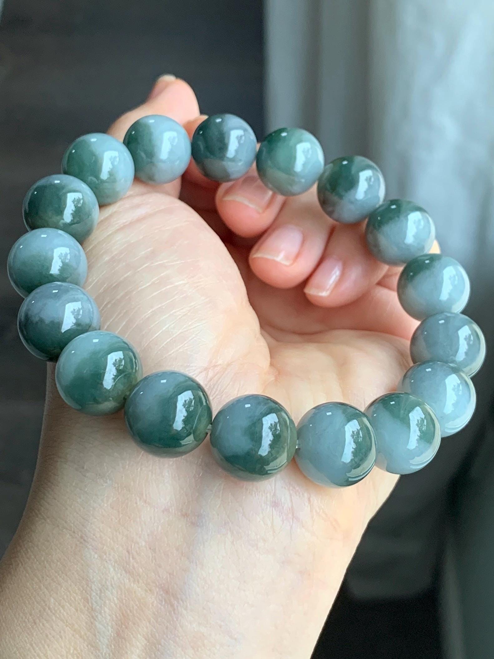 Large Natural Grade A Icy Translucent Bi-Colored Jade Jadeite Mala Beaded Bracelet Stretchy 14mm 8.5” 81g 天然灰蓝深绿鸳鸯双色翡翠大卡手串 YYD416