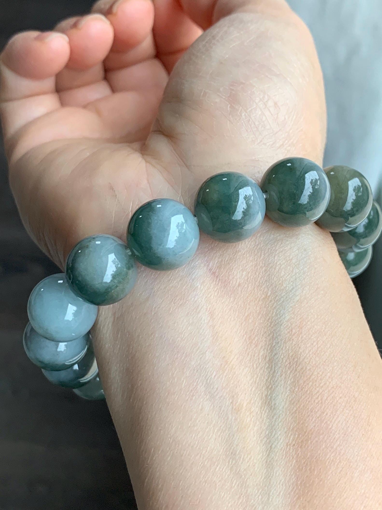 Large Natural Grade A Icy Translucent Bi-Colored Jade Jadeite Mala Beaded Bracelet Stretchy 14mm 8.5” 81g 天然灰蓝深绿鸳鸯双色翡翠大卡手串 YYD416