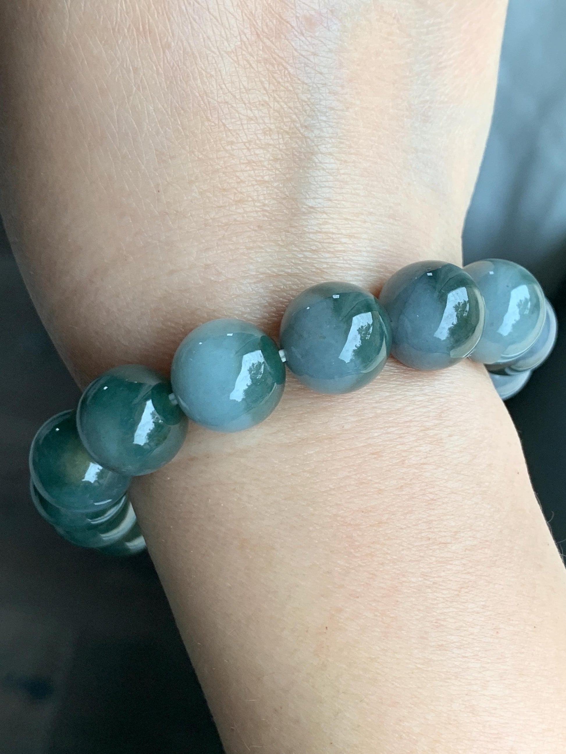 Large Natural Grade A Icy Translucent Bi-Colored Jade Jadeite Mala Beaded Bracelet Stretchy 14mm 8.5” 81g 天然灰蓝深绿鸳鸯双色翡翠大卡手串 YYD416